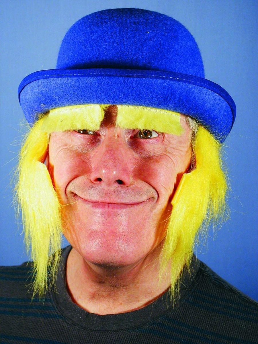 Blue Clown Costume Derby Hat With Yellow Sideburns