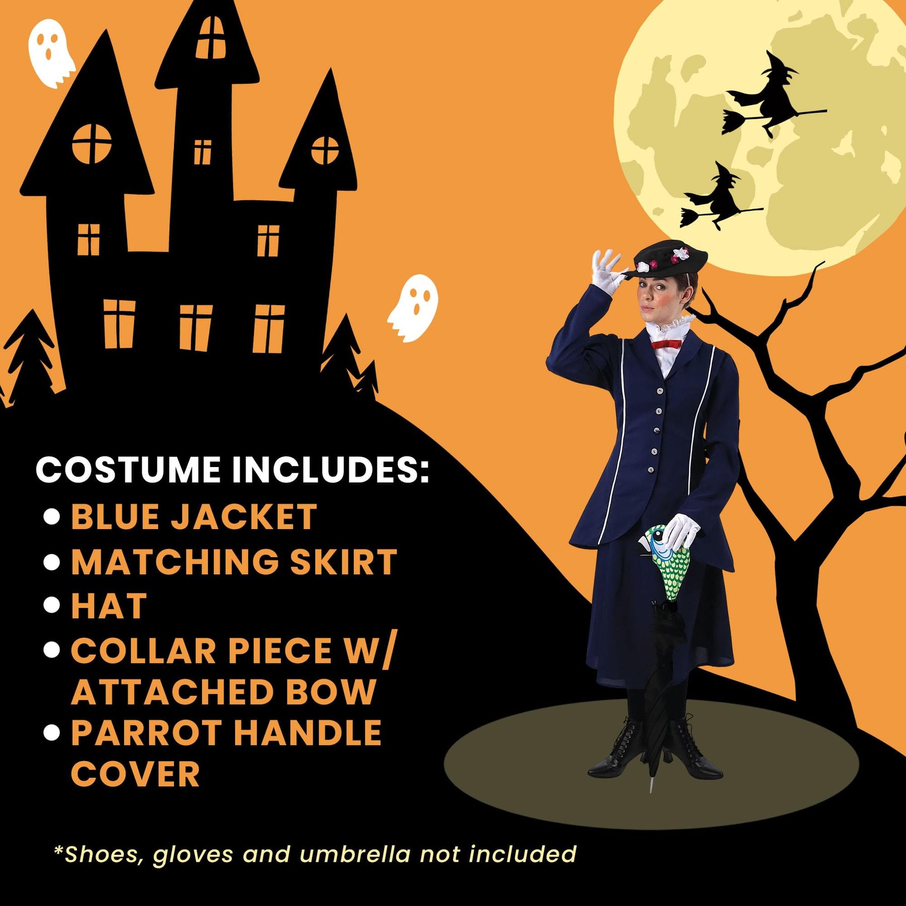 Magical Nanny Adult Costume w/ Parrot Head Umbrella Cover