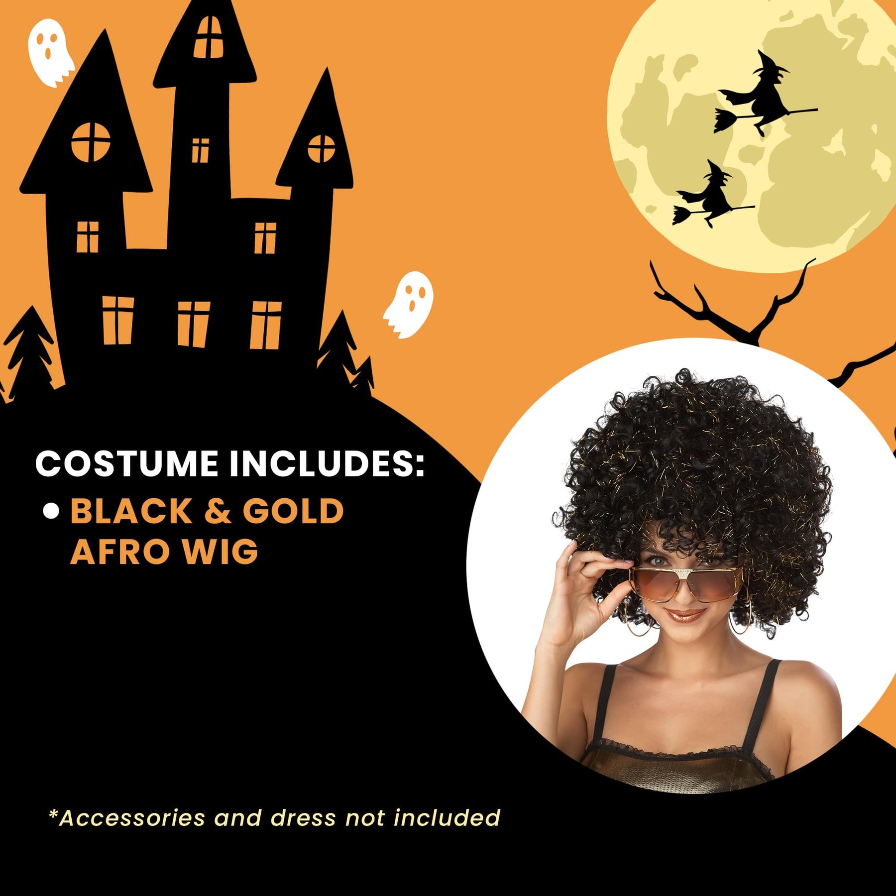 Disco Glitter Afro Black and Gold Costume Wig