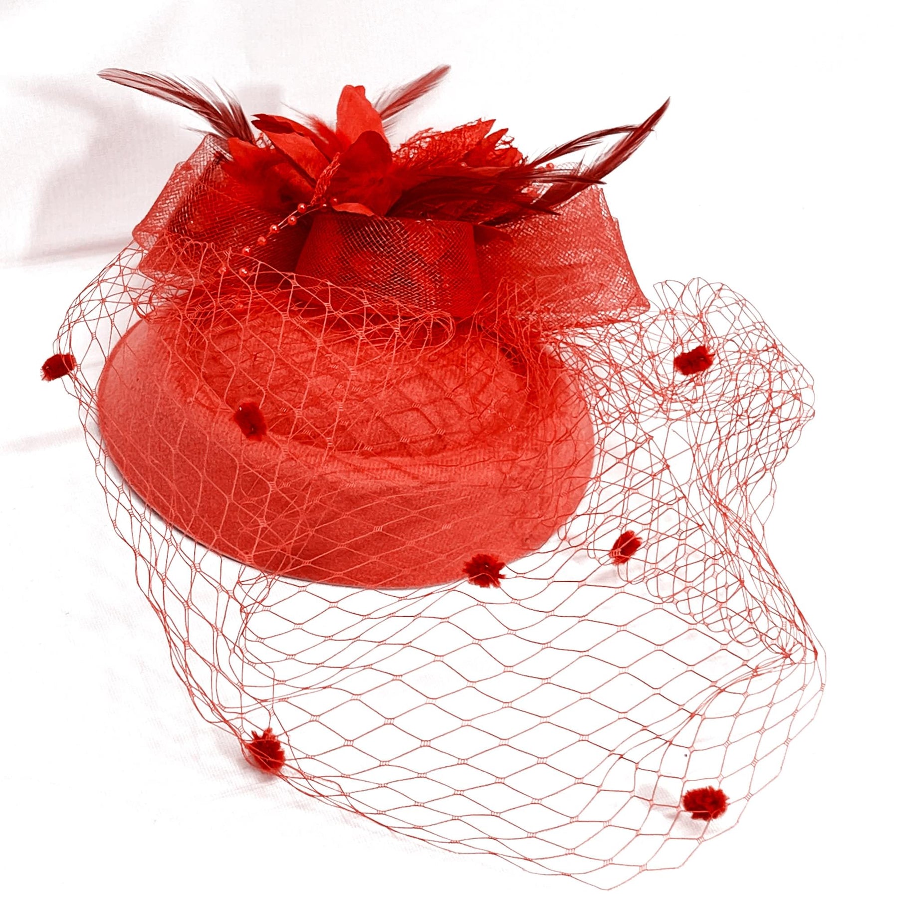 Feathery Red Fascinator with Lace Veil Adult Costume Hat