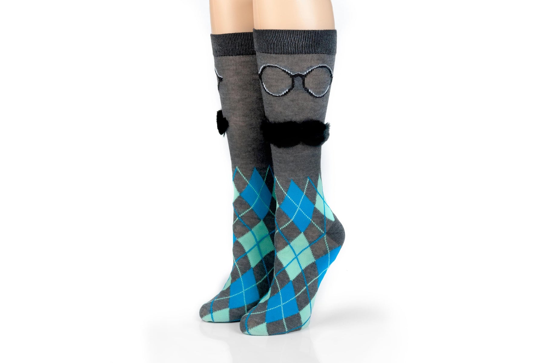 Charcoal Argyle with 3D Mustache Design Men's Novelty Crew Socks - 1 Pair