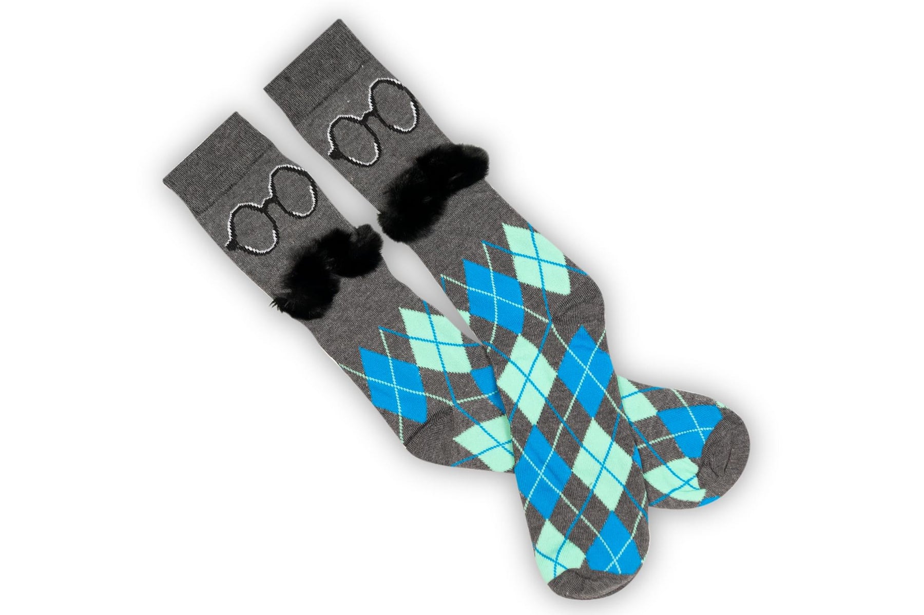 Charcoal Argyle with 3D Mustache Design Men's Novelty Crew Socks - 1 Pair