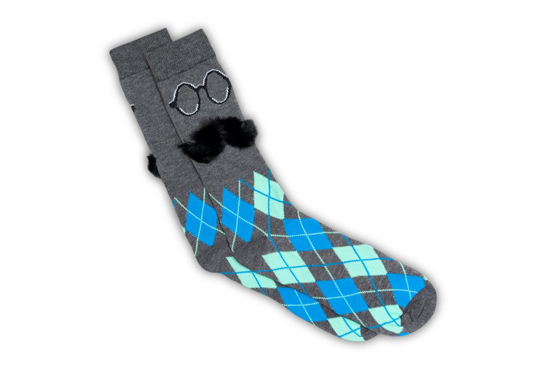 Charcoal Argyle with 3D Mustache Design Men's Novelty Crew Socks - 1 Pair