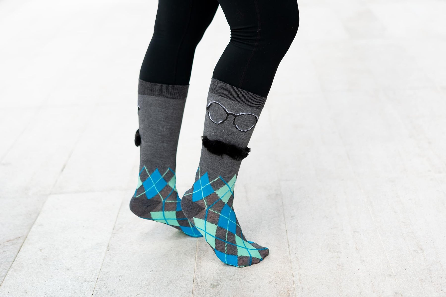 Charcoal Argyle with 3D Mustache Design Men's Novelty Crew Socks - 1 Pair