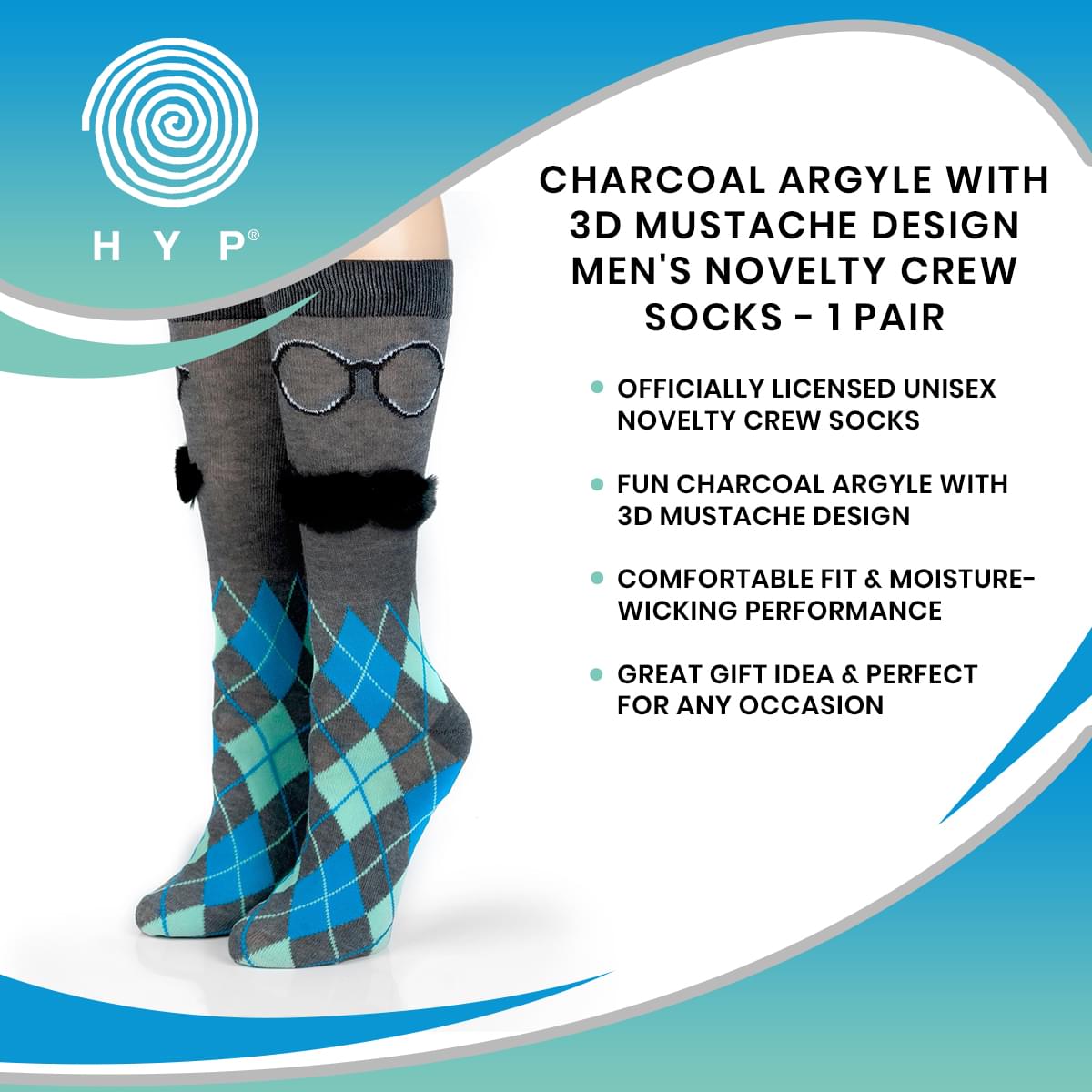 Charcoal Argyle with 3D Mustache Design Men's Novelty Crew Socks - 1 Pair