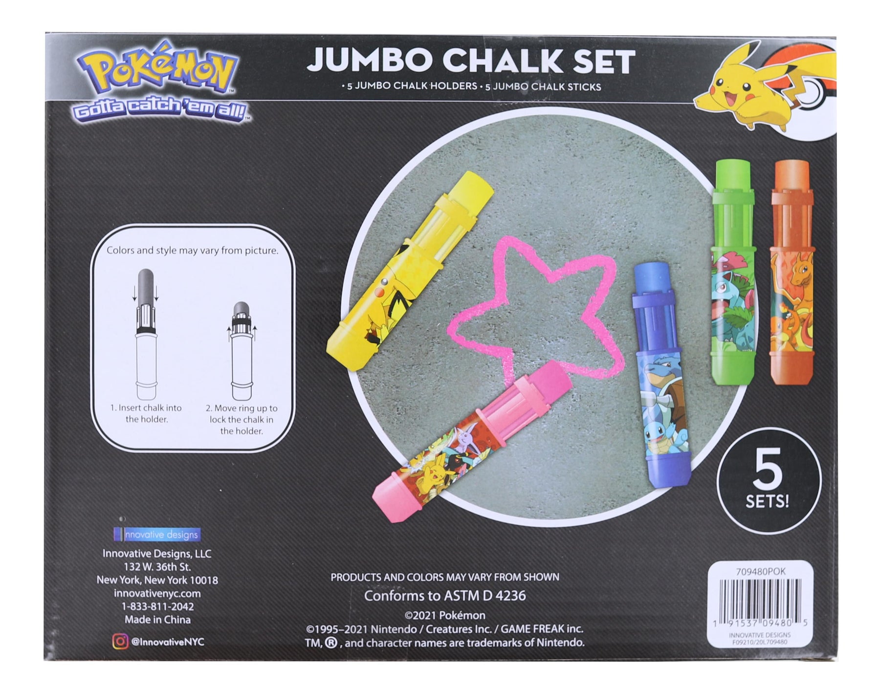 Pokemon 5 Pack Jumbo Sidewalk Chalk with Holders