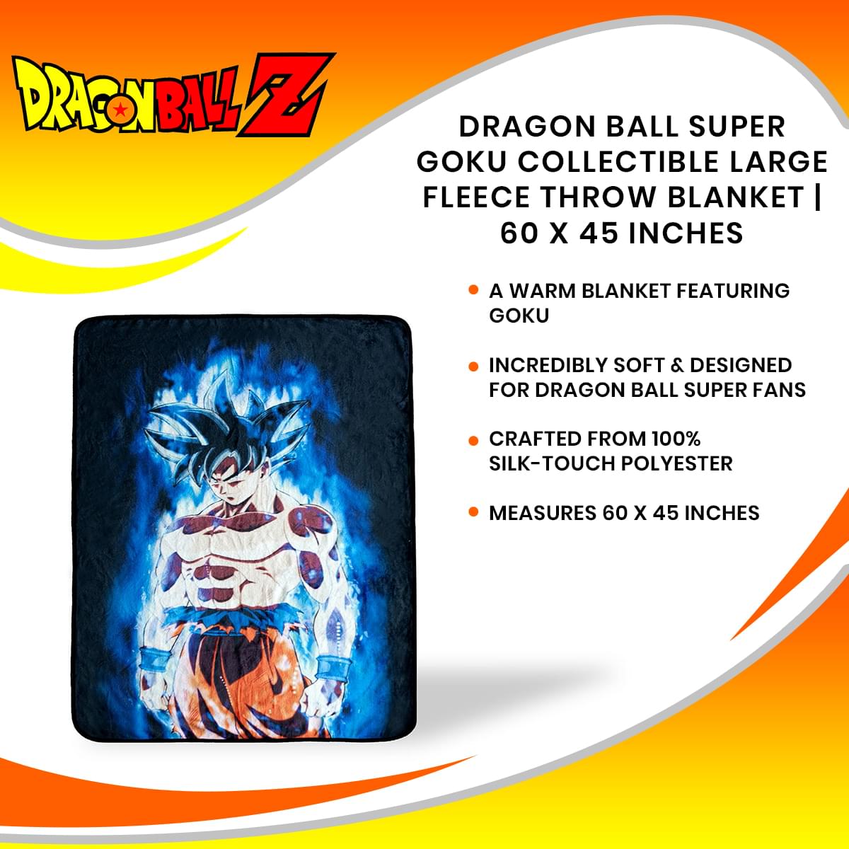 Dragon Ball Super Goku Collectible Large Fleece Throw Blanket | 60 x 45 Inches
