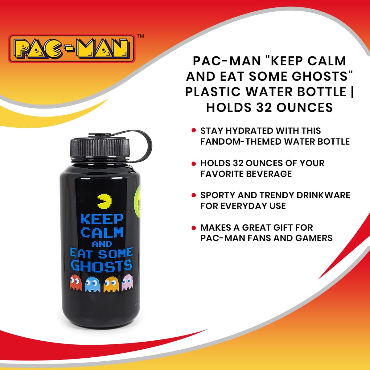 PAC-MAN "Keep Calm and Eat Some Ghosts" Plastic Water Bottle | Holds 32 Ounces