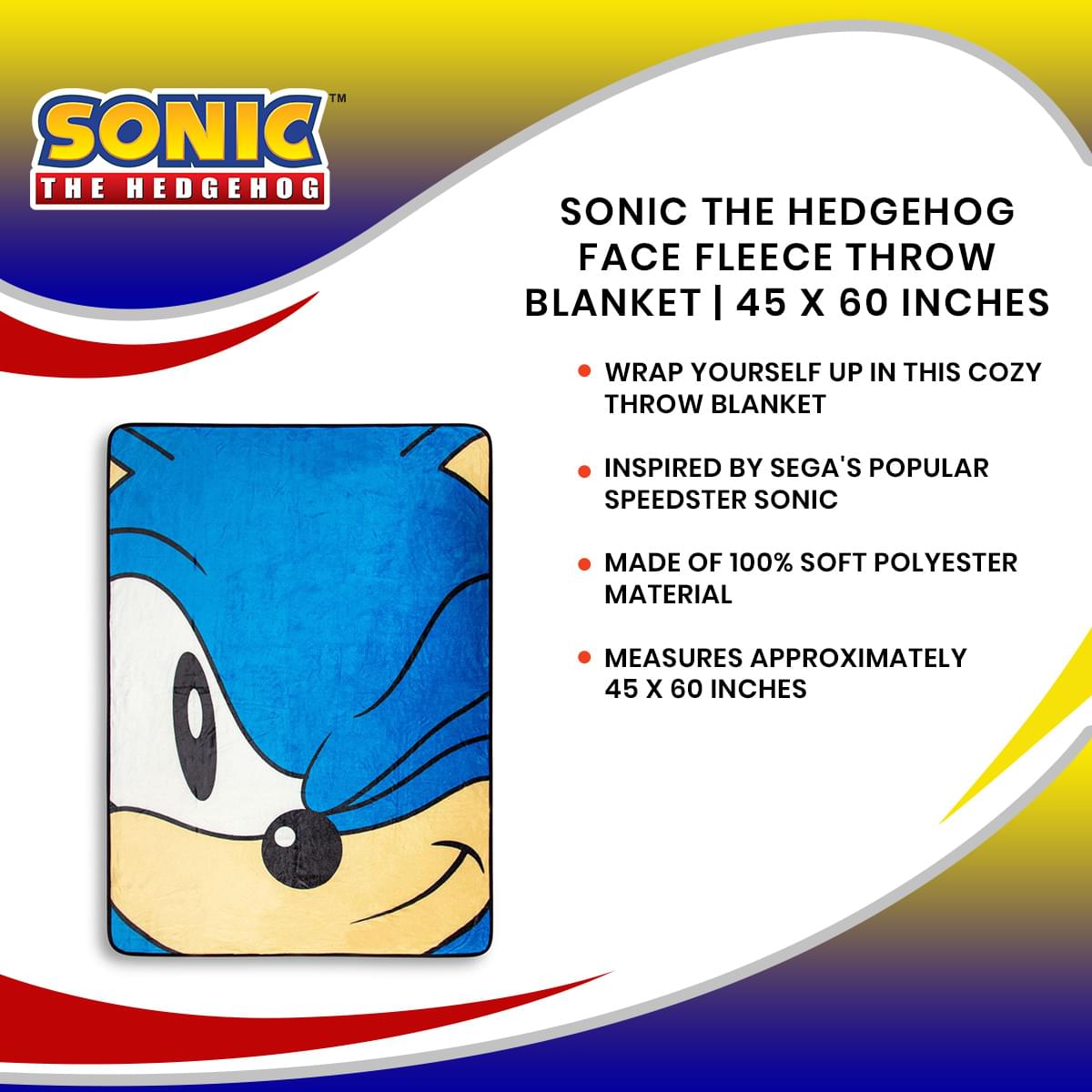 Sonic the Hedgehog Face Fleece Throw Blanket | 45 x 60 Inches