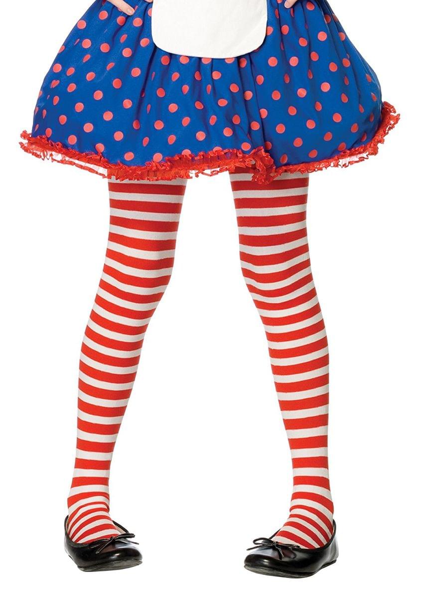 Girl's Striped Costume Tights, White/Red