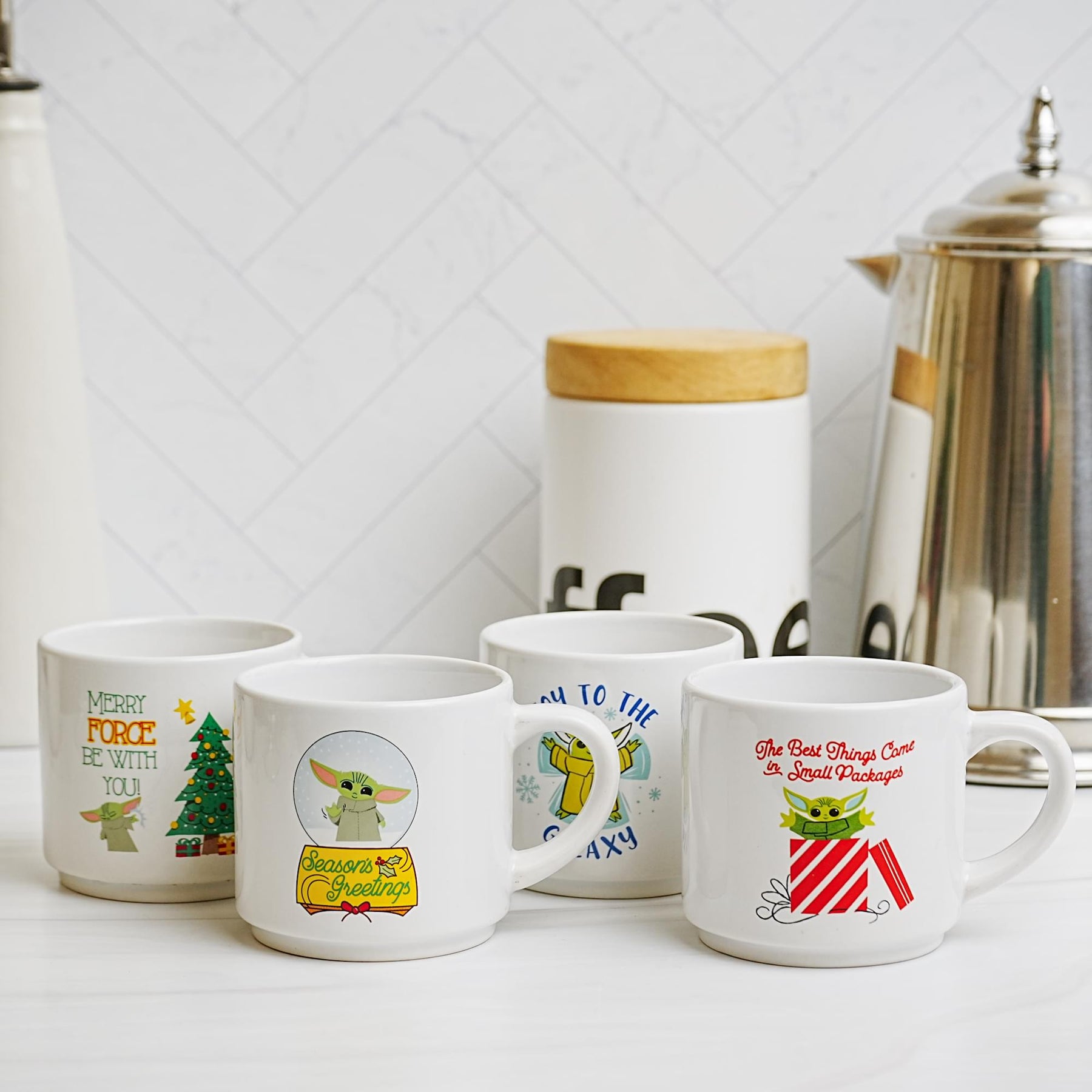 Star Wars Grogu Holiday Cuteness 4-Piece 10oz Stackable Ceramic Mug Set