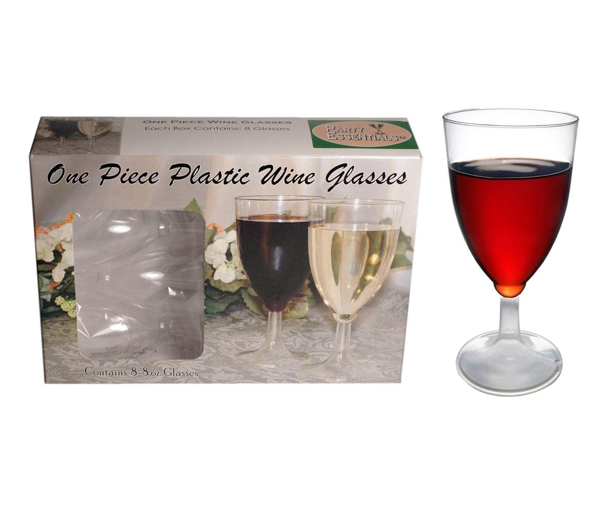 Party Essentials Hard Plastic One Piece 8-Ounce Wine Glasses, Clear, 8 Count