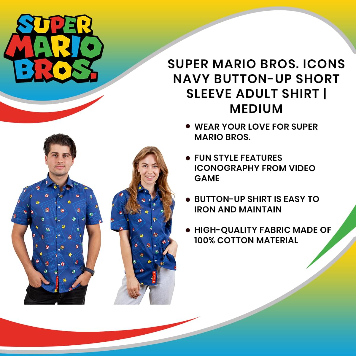 Super Mario Bros. Icons Navy Button-Up Short Sleeve Adult Shirt