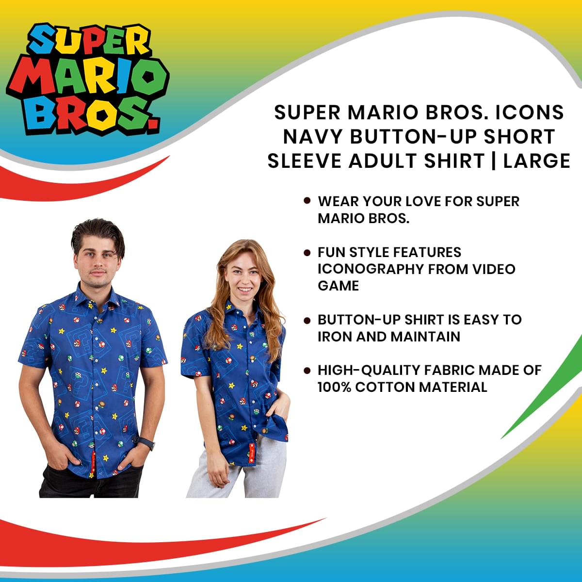 Super Mario Bros. Icons Navy Button-Up Short Sleeve Adult Shirt