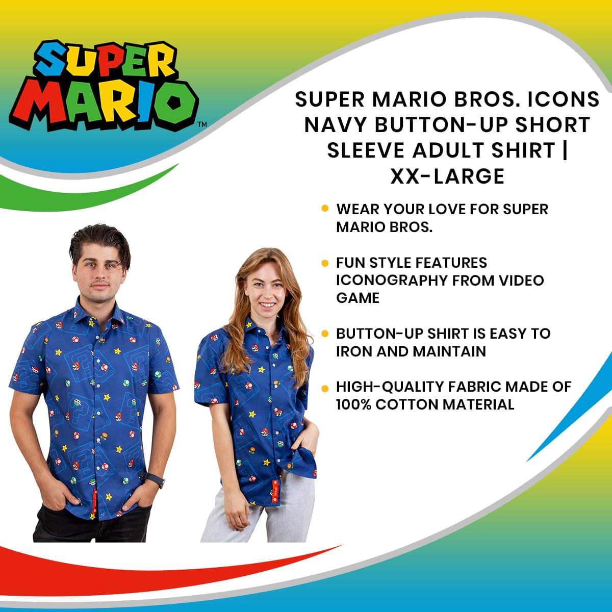 Super Mario Bros. Icons Navy Button-Up Short Sleeve Adult Shirt