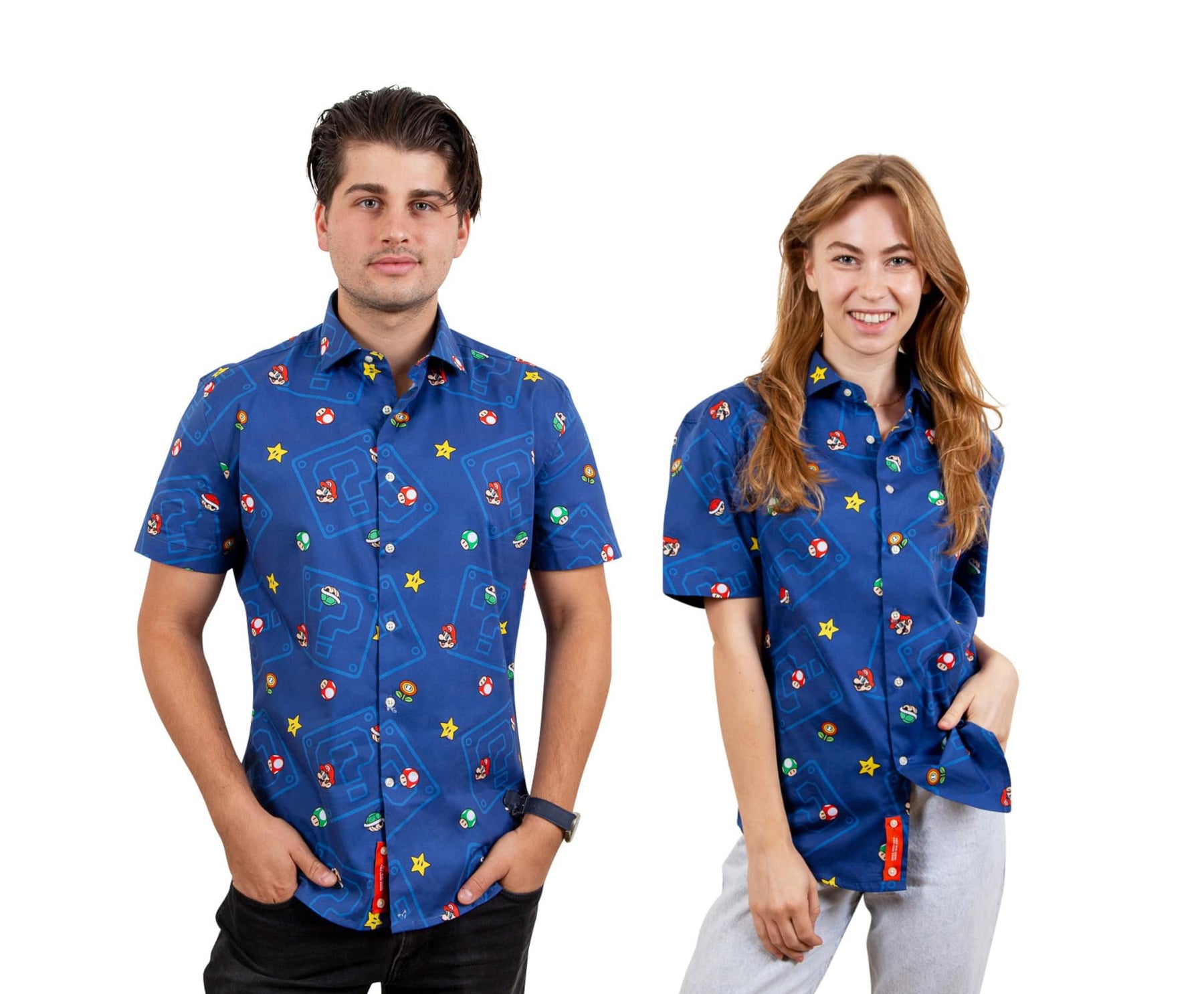 Super Mario Bros. Icons Navy Button-Up Short Sleeve Adult Shirt