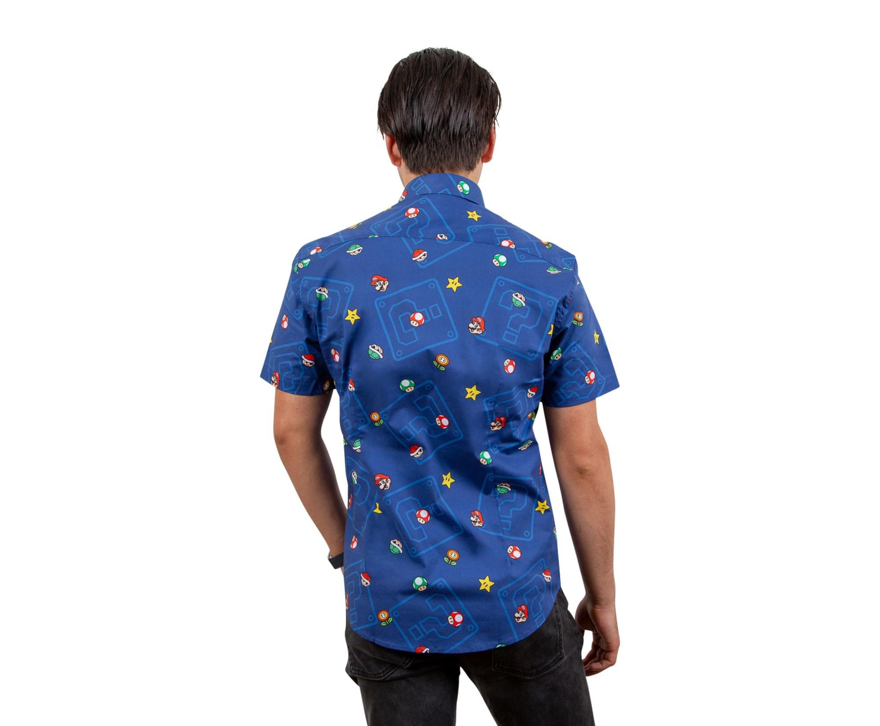Super Mario Bros. Icons Navy Button-Up Short Sleeve Adult Shirt