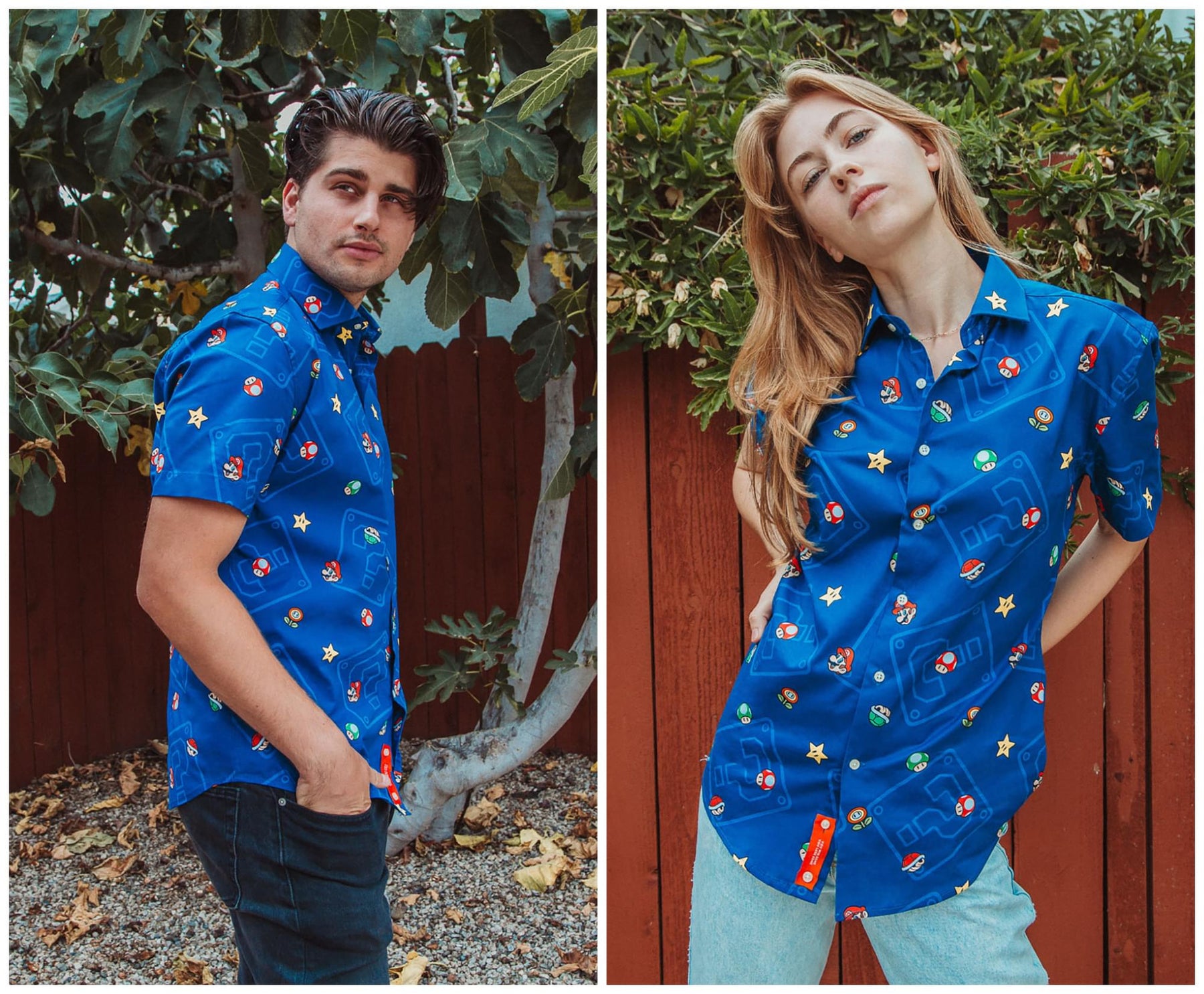 Super Mario Bros. Icons Navy Button-Up Short Sleeve Adult Shirt