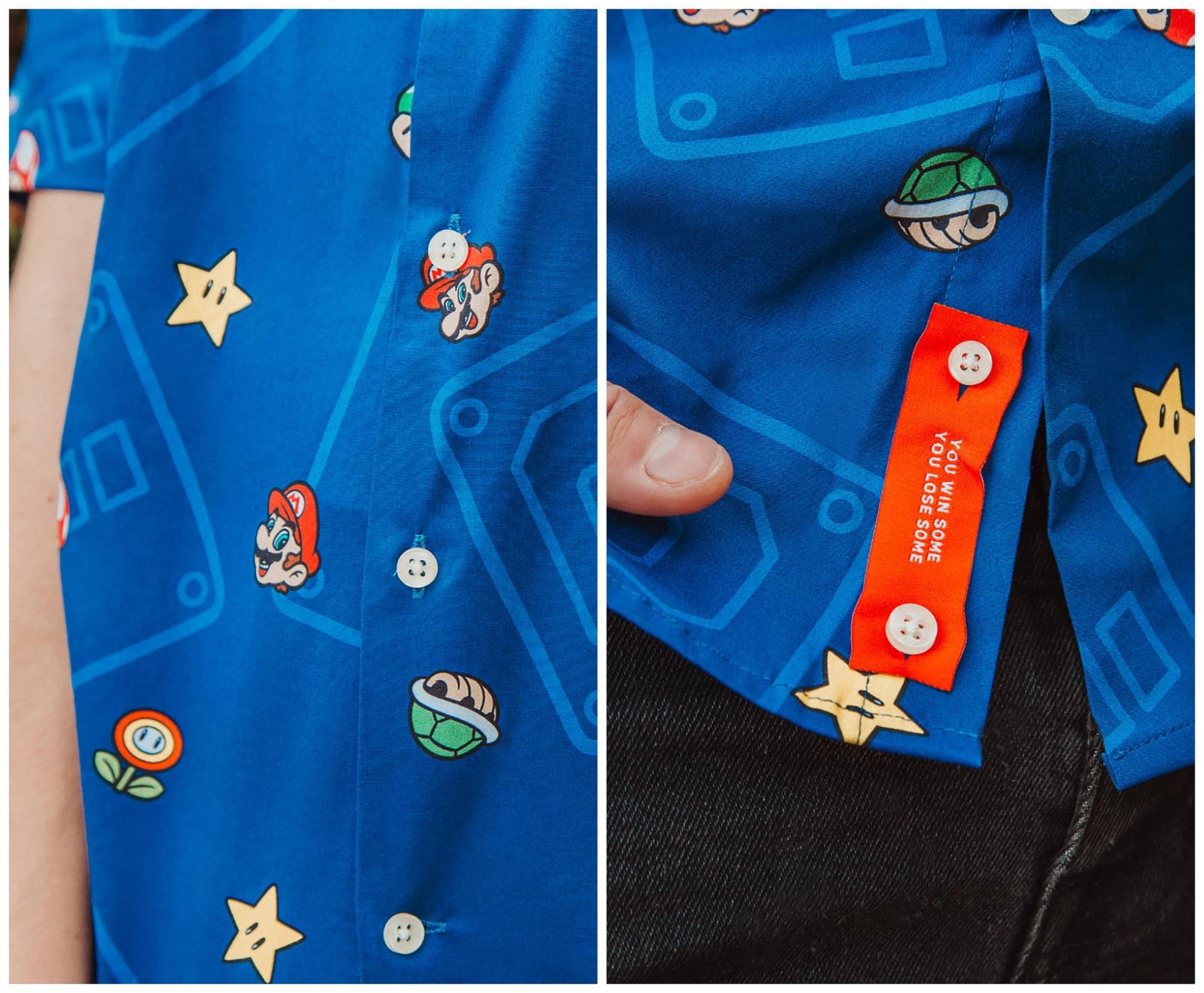 Super Mario Bros. Icons Navy Button-Up Short Sleeve Adult Shirt