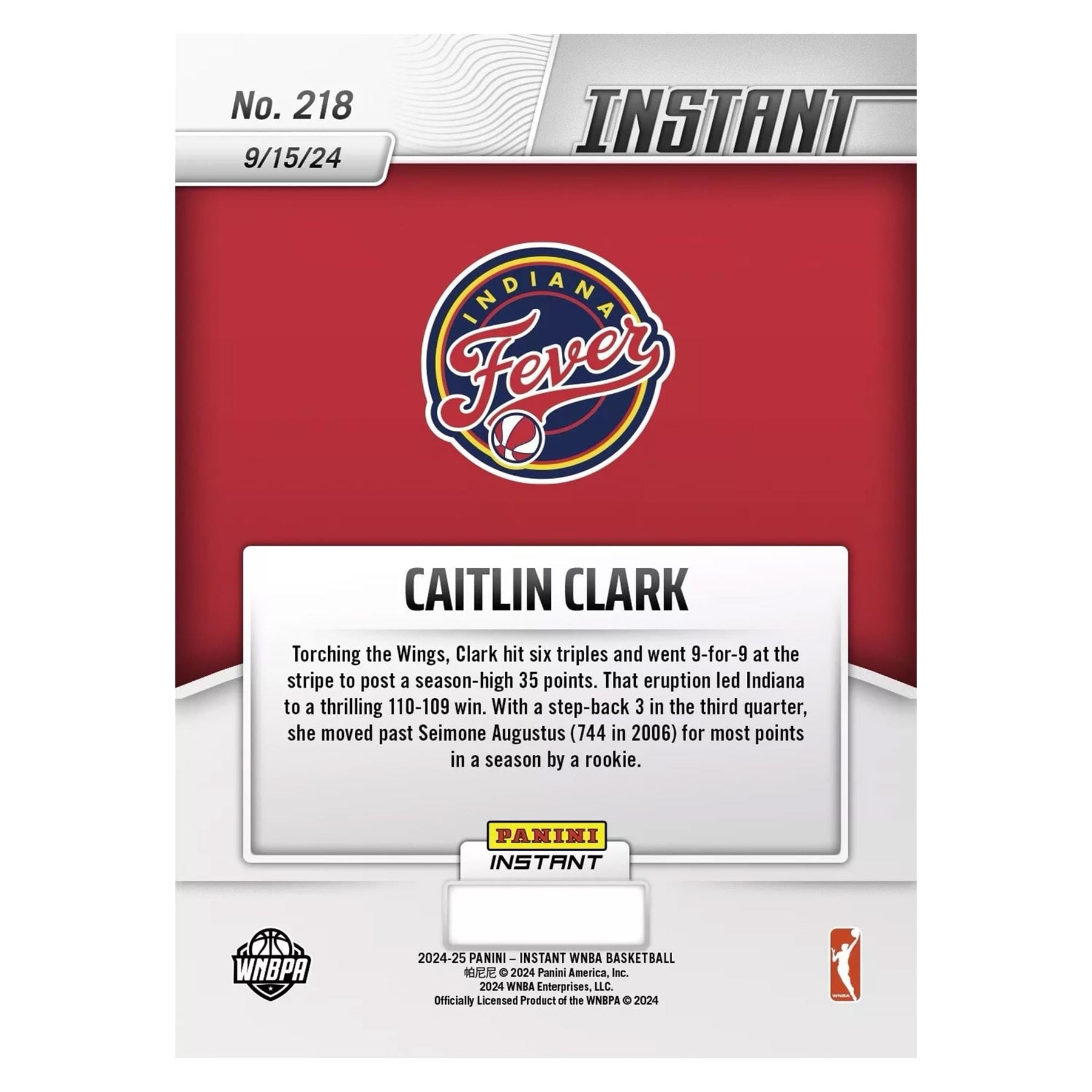 WNBA 2024 Panini Instant Base Card | #218 Caitlin Clark