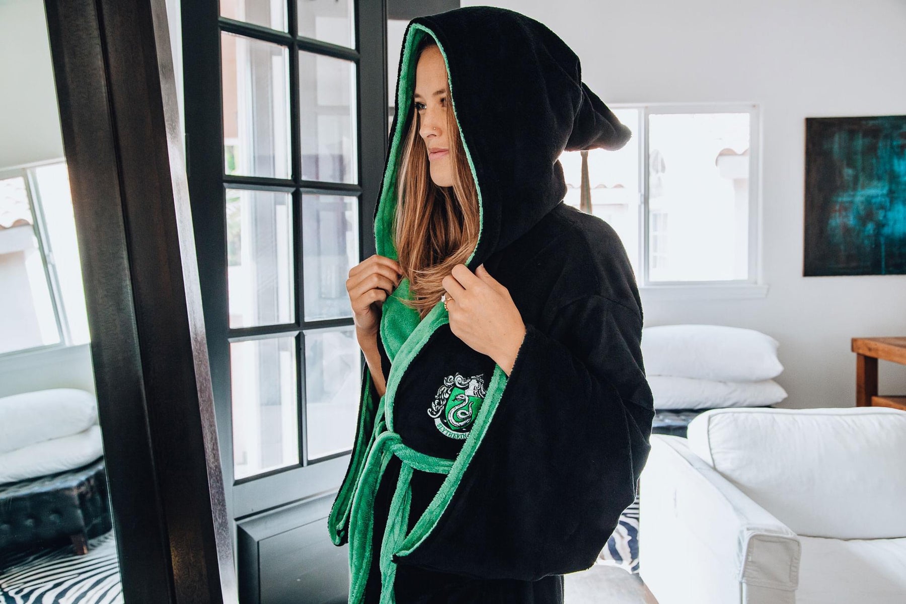 Harry Potter Slytherin Hooded Bathrobe for Adults | One Size Fits Most