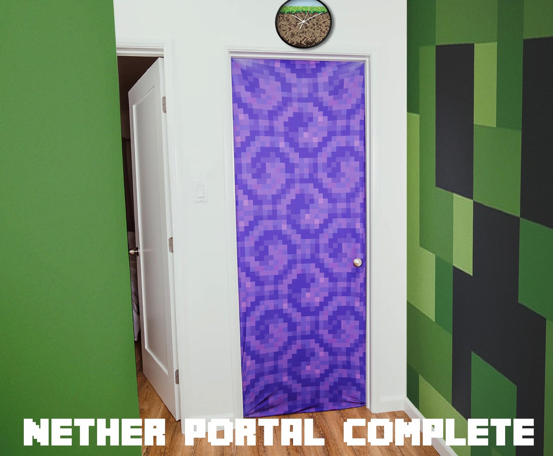 Minecraft Purple Nether Portal Gateway Fabric Door Cling | 34 x 82 Inches