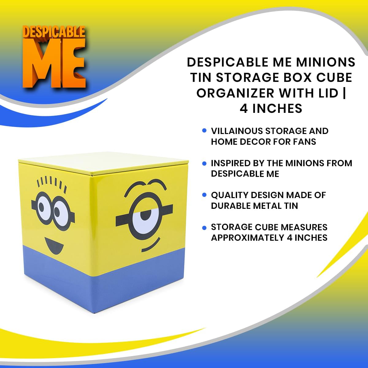 Despicable Me Minions Tin Storage Box Cube Organizer with Lid | 4 Inches