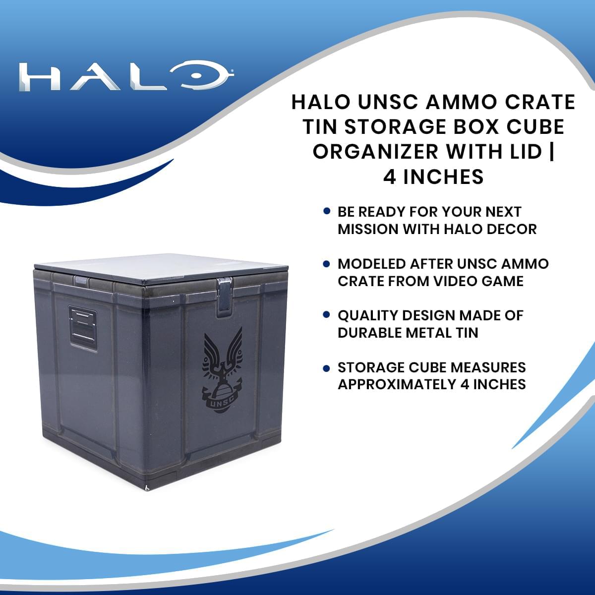 Halo UNSC Ammo Crate Tin Storage Box Cube Organizer with Lid | 4 Inches