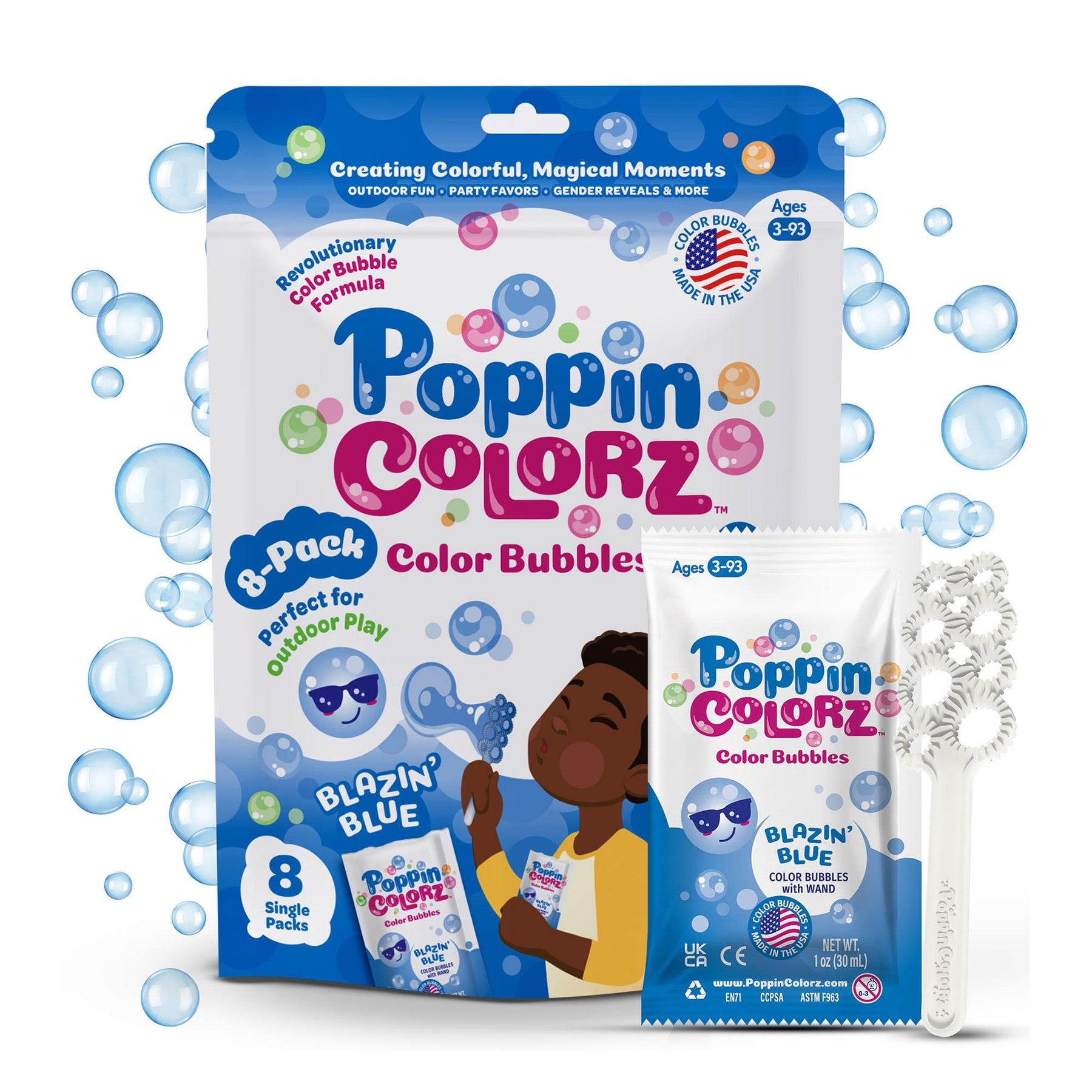 PoppinColorz 8-Piece Bubble Solution and Wands Party Pack | Blazin' Blue