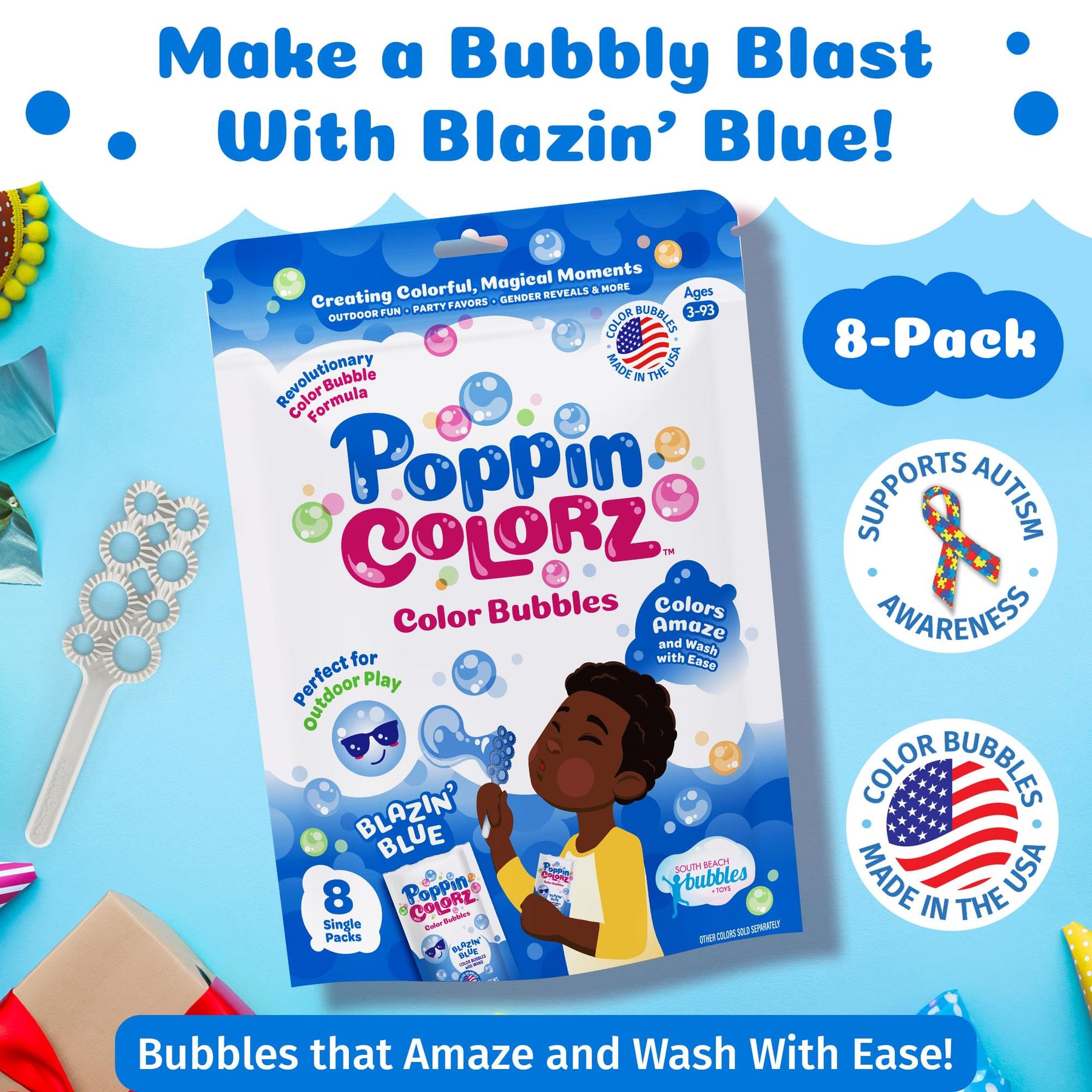 PoppinColorz 8-Piece Bubble Solution and Wands Party Pack | Blazin' Blue