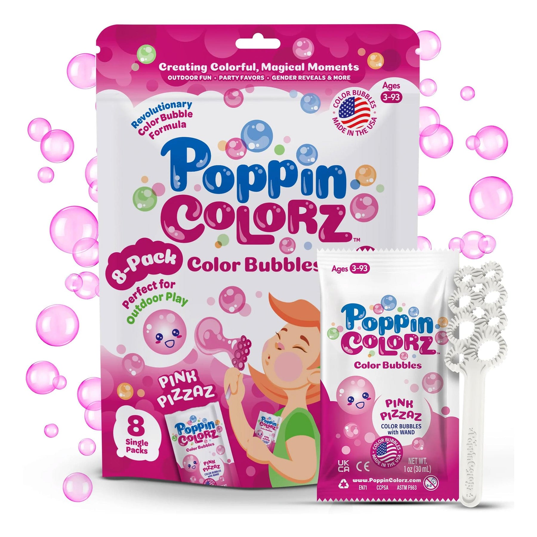 PoppinColorz 8-Piece Bubble Solution and Wands Party Pack | Pink Pizzaz