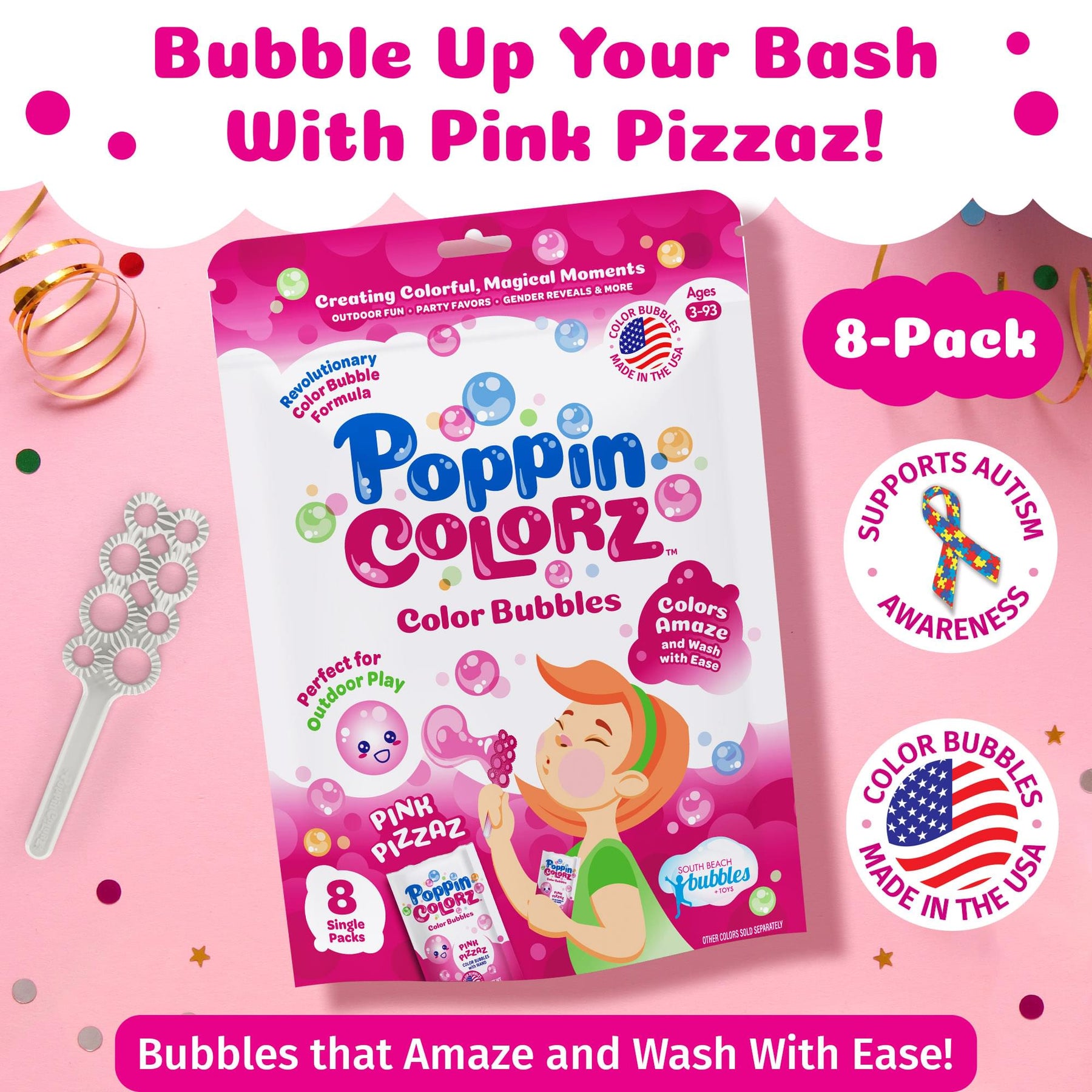 PoppinColorz 8-Piece Bubble Solution and Wands Party Pack | Pink Pizzaz