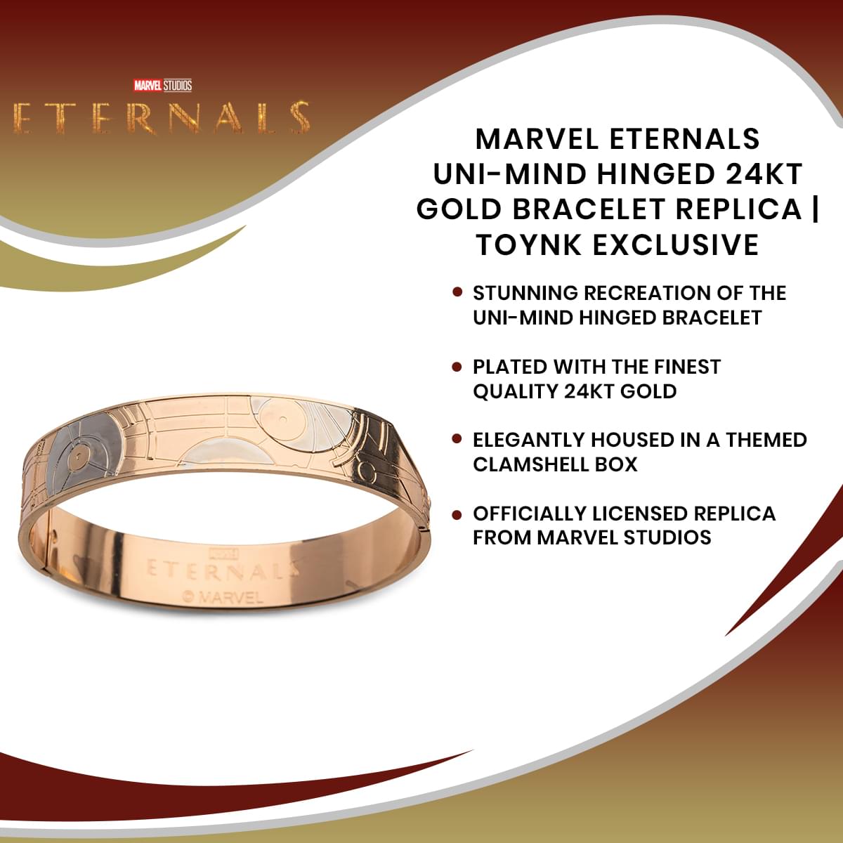 Marvel Eternals Uni-Mind Hinged 24KT Gold Bracelet Replica | Toynk Exclusive