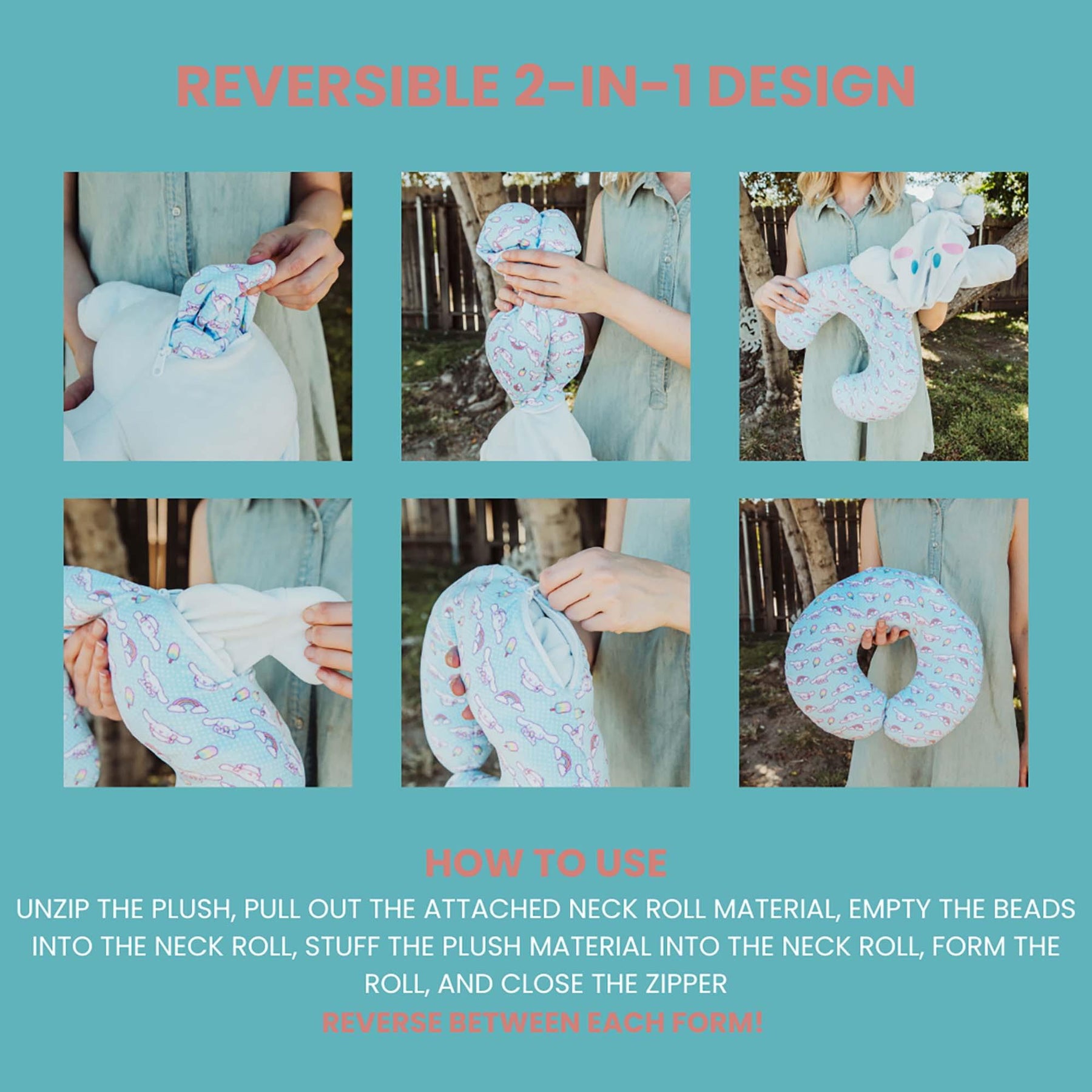 Sanrio Cinnamoroll Reversible Neck Roll Pillow and Plush Toy