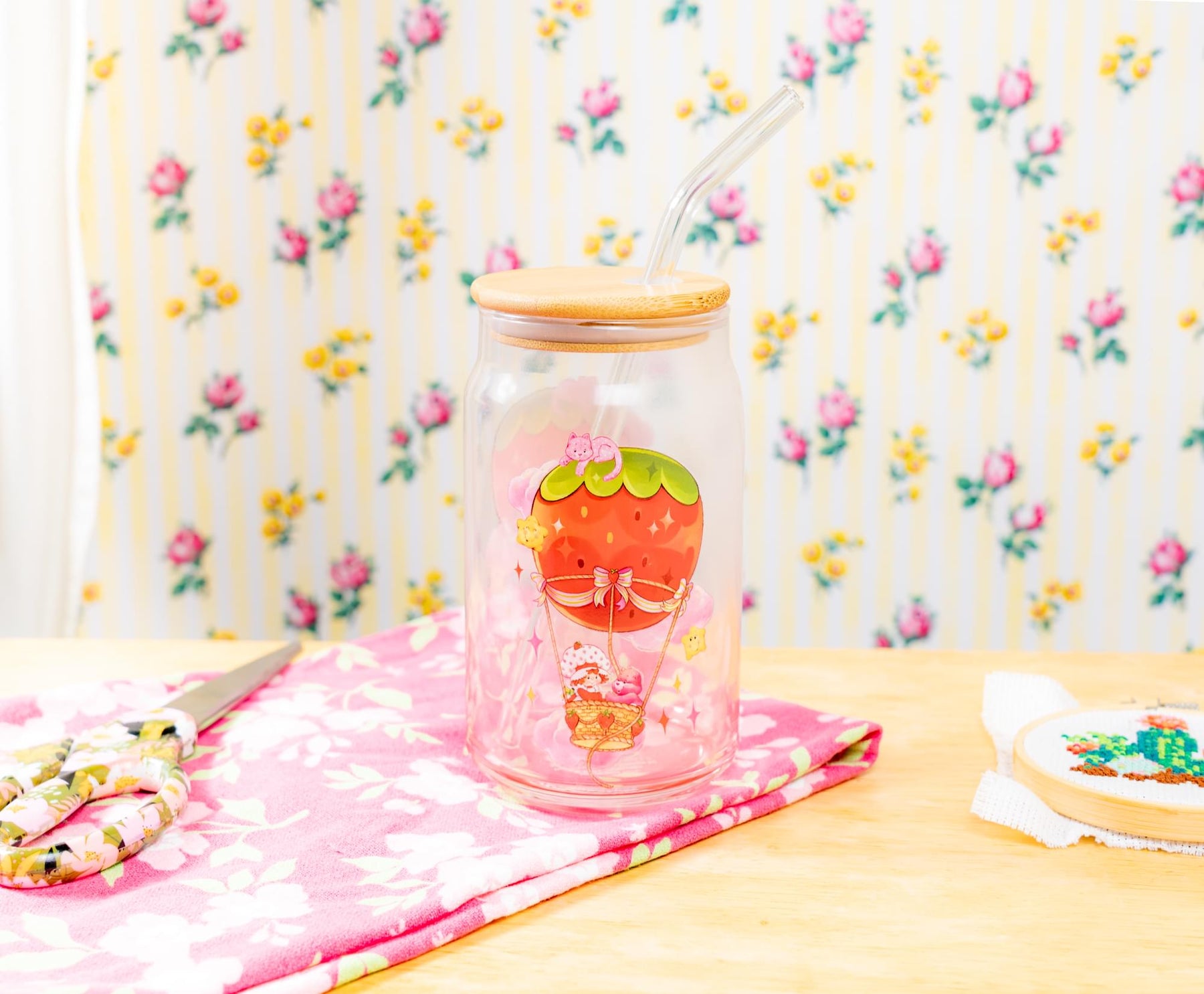 Care Bears x Strawberry Shortcake 16-Ounce Glass Tumbler With Lid and Straw