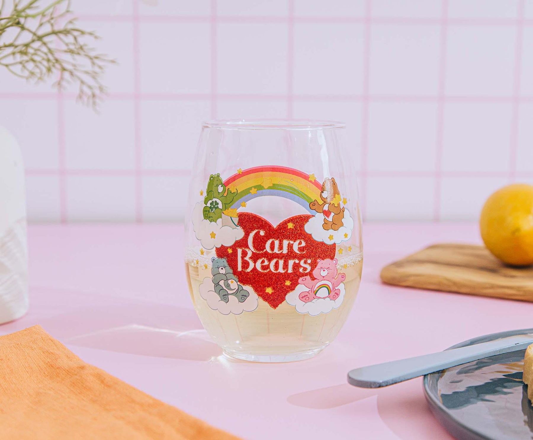 Care Bears Rainbow Heart Logo Stemless Wine Glass | Holds 20 Ounces