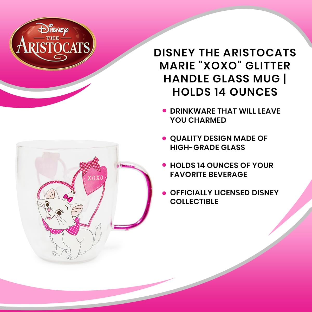 Disney The Aristocats Marie "XOXO" Glitter Handle Glass Mug | Holds 14 Ounces