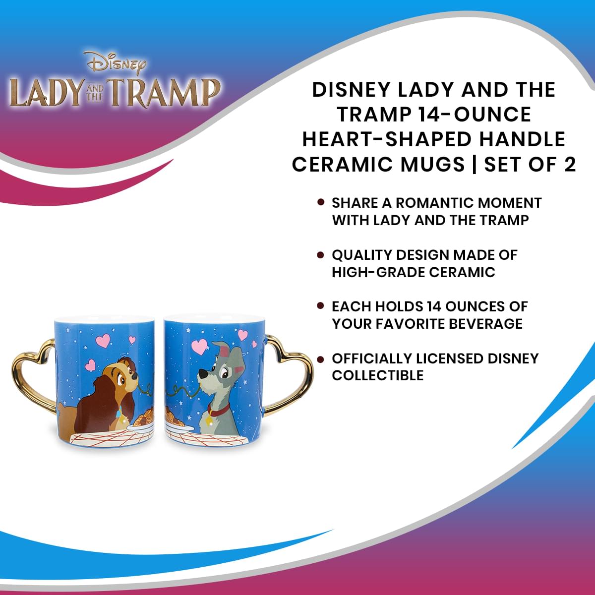 Disney Lady and the Tramp 14-Ounce Heart-Shaped Handle Ceramic Mugs | Set of 2