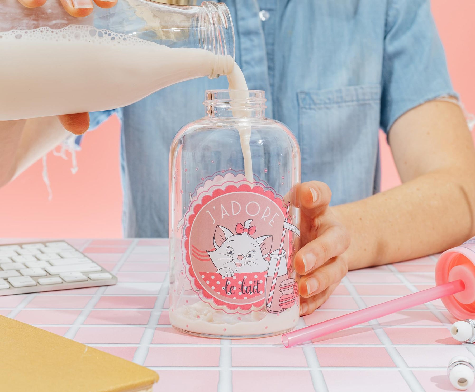 Disney The Aristocats Marie "J'adore Le Lait" Glass Milk Bottle With Straw