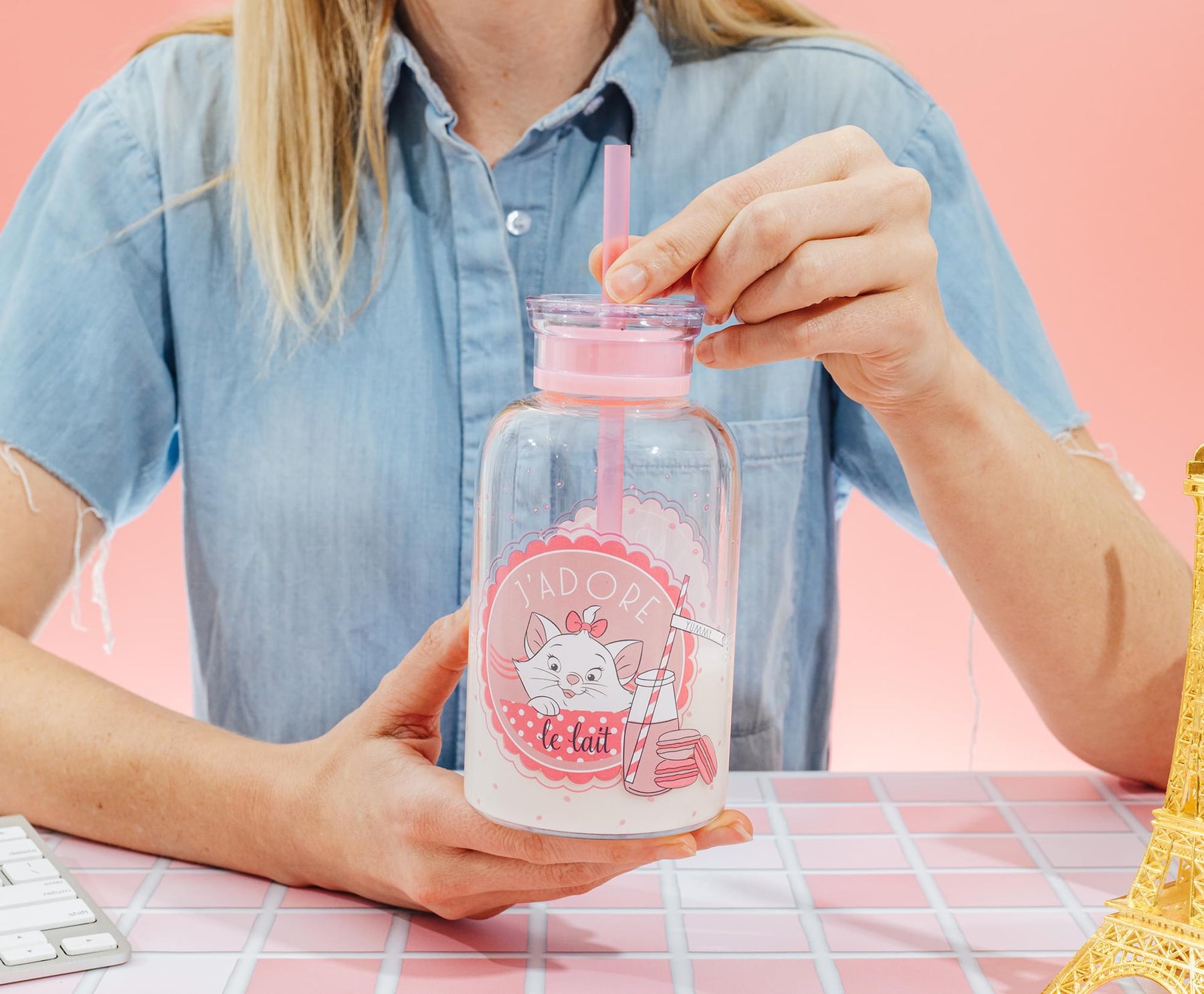 Disney The Aristocats Marie "J'adore Le Lait" Glass Milk Bottle With Straw