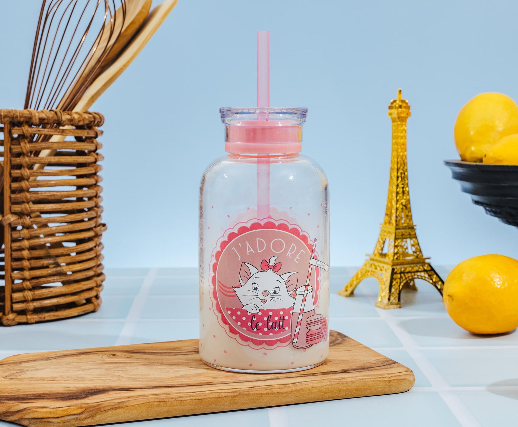 Disney The Aristocats Marie "J'adore Le Lait" Glass Milk Bottle With Straw