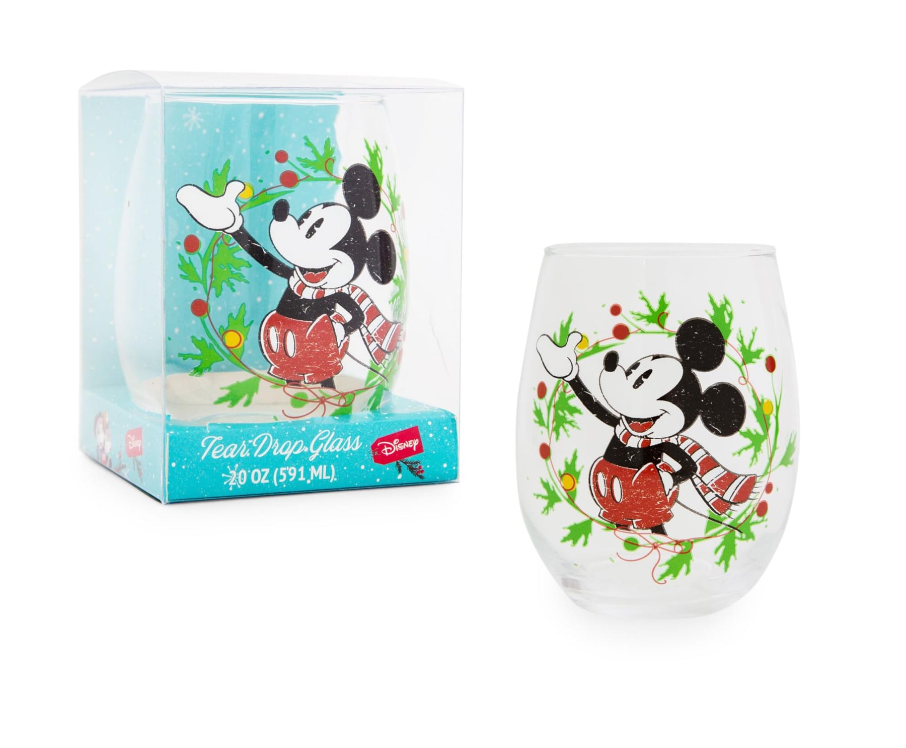Disney Mickey Mouse Christmas Wreath Stemless Wine Glass | Holds 20 Ounces