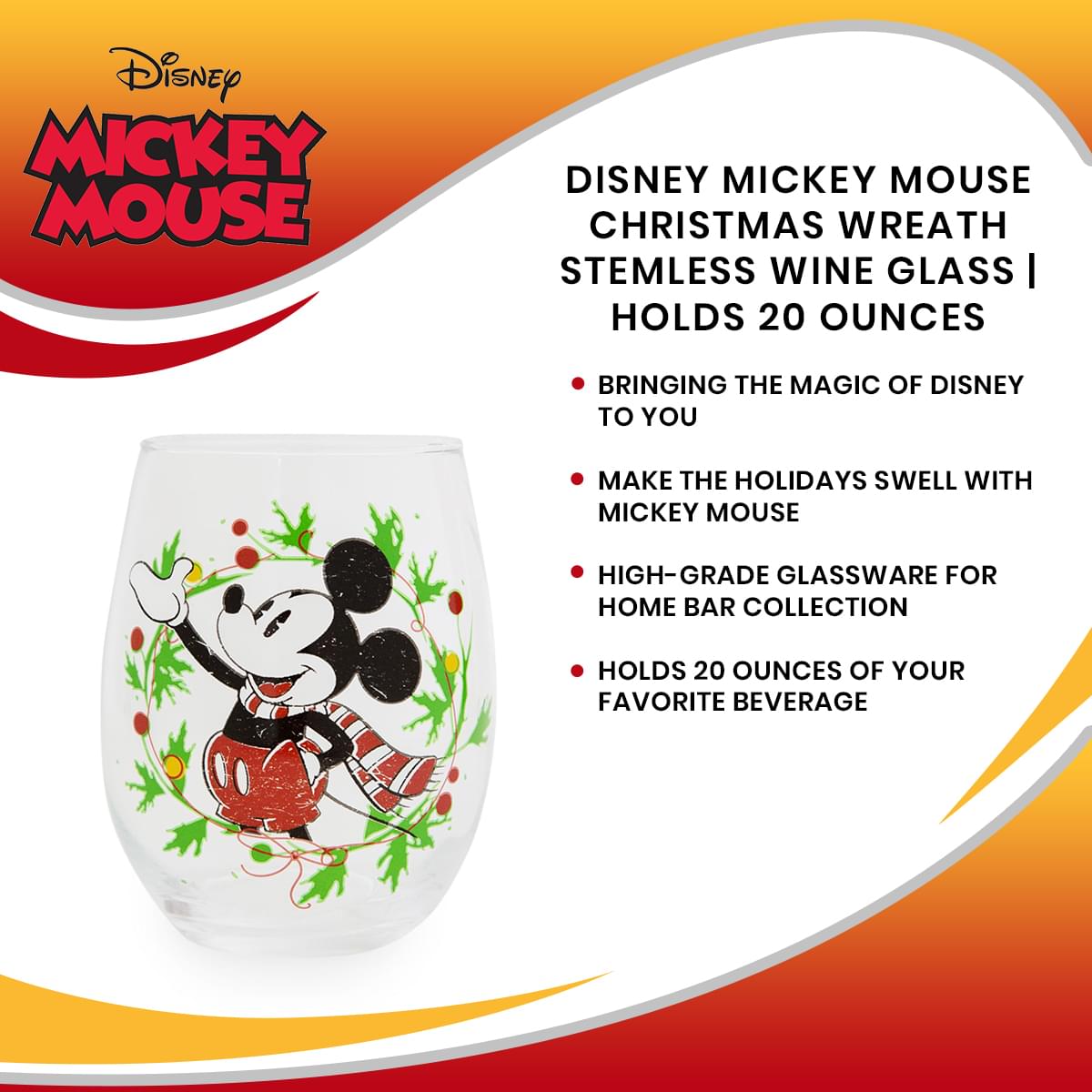 Disney Mickey Mouse Christmas Wreath Stemless Wine Glass | Holds 20 Ounces