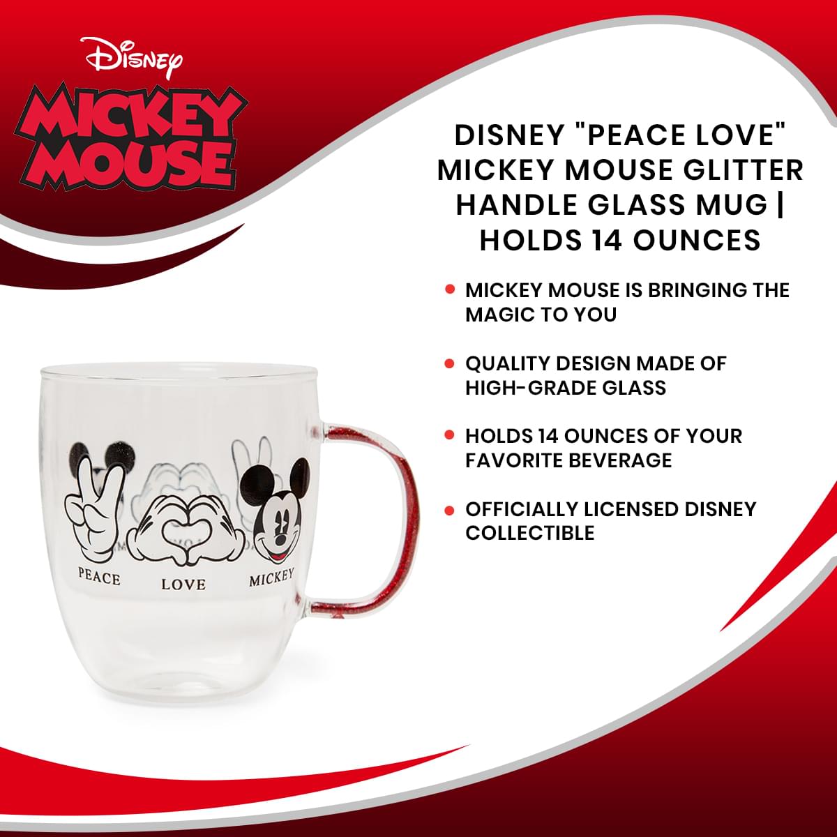 Disney "Peace Love" Mickey Mouse Glitter Handle Glass Mug | Holds 14 Ounces