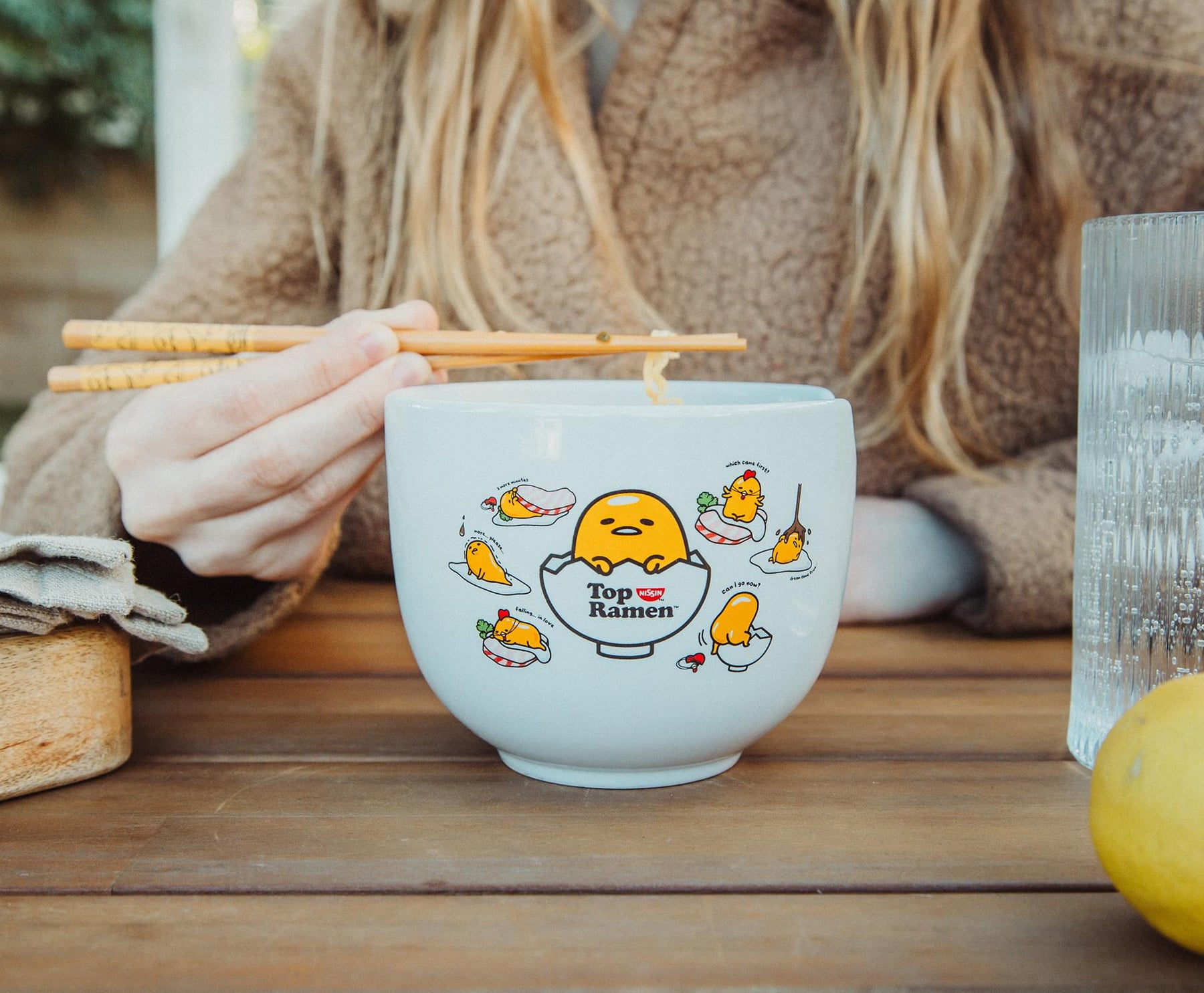 Sanrio Gudetama x Nissin Top Ramen Yolk Poses 20-Ounce Ramen Bowl With Chopsticks