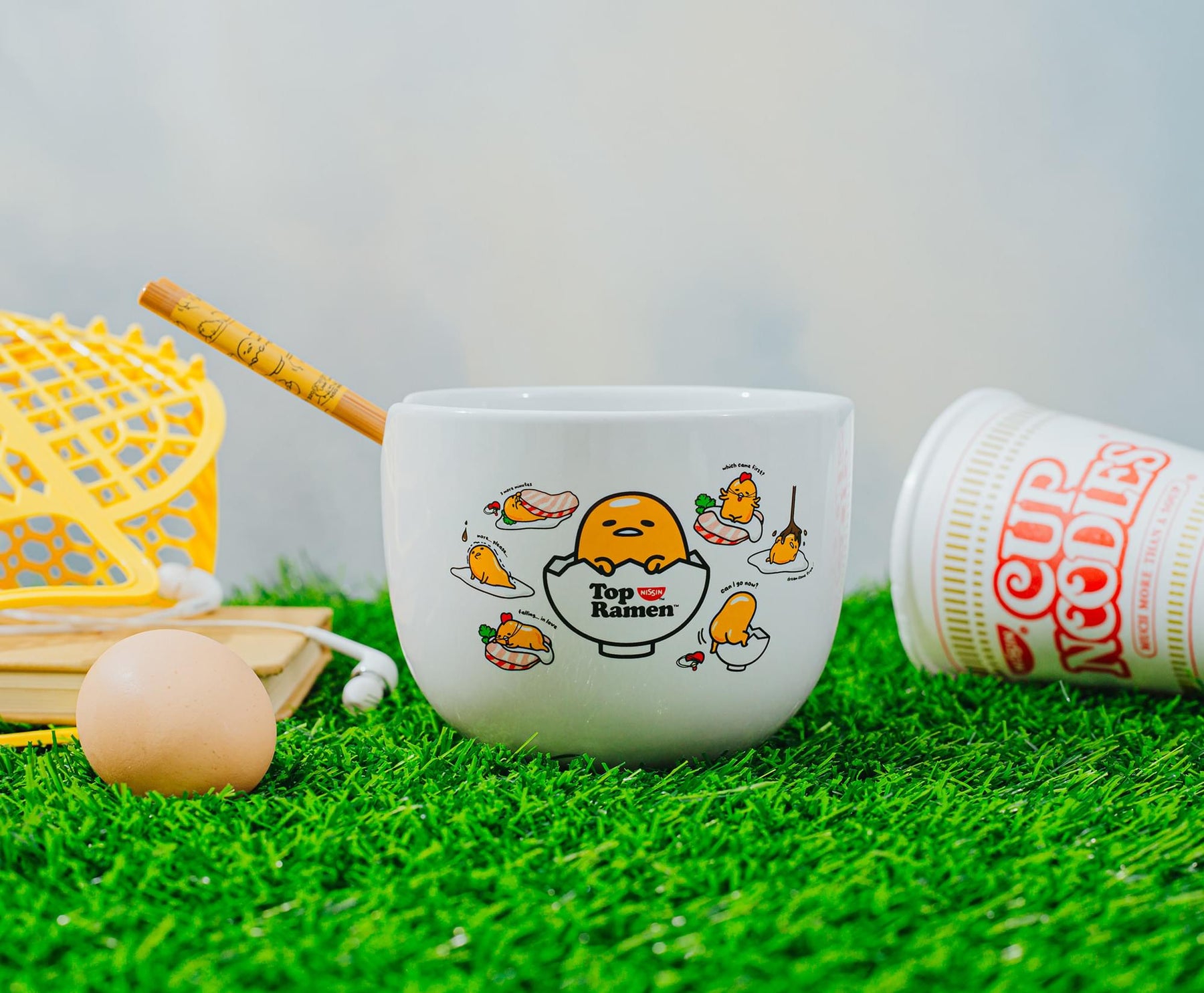 Sanrio Gudetama x Nissin Top Ramen Yolk Poses 20-Ounce Ramen Bowl With Chopsticks
