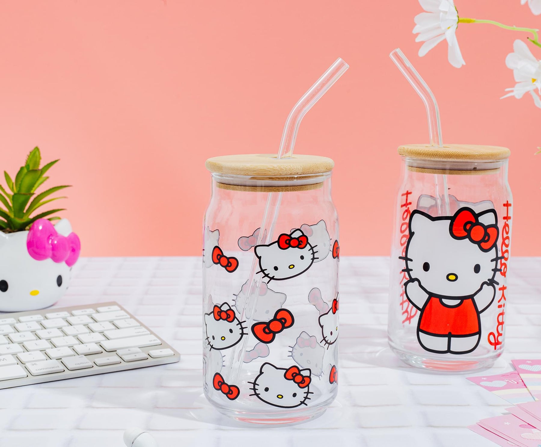 Sanrio Hello Kitty 16-Ounce Glass Tumblers With Bamboo Lid and Straw | Set of 2