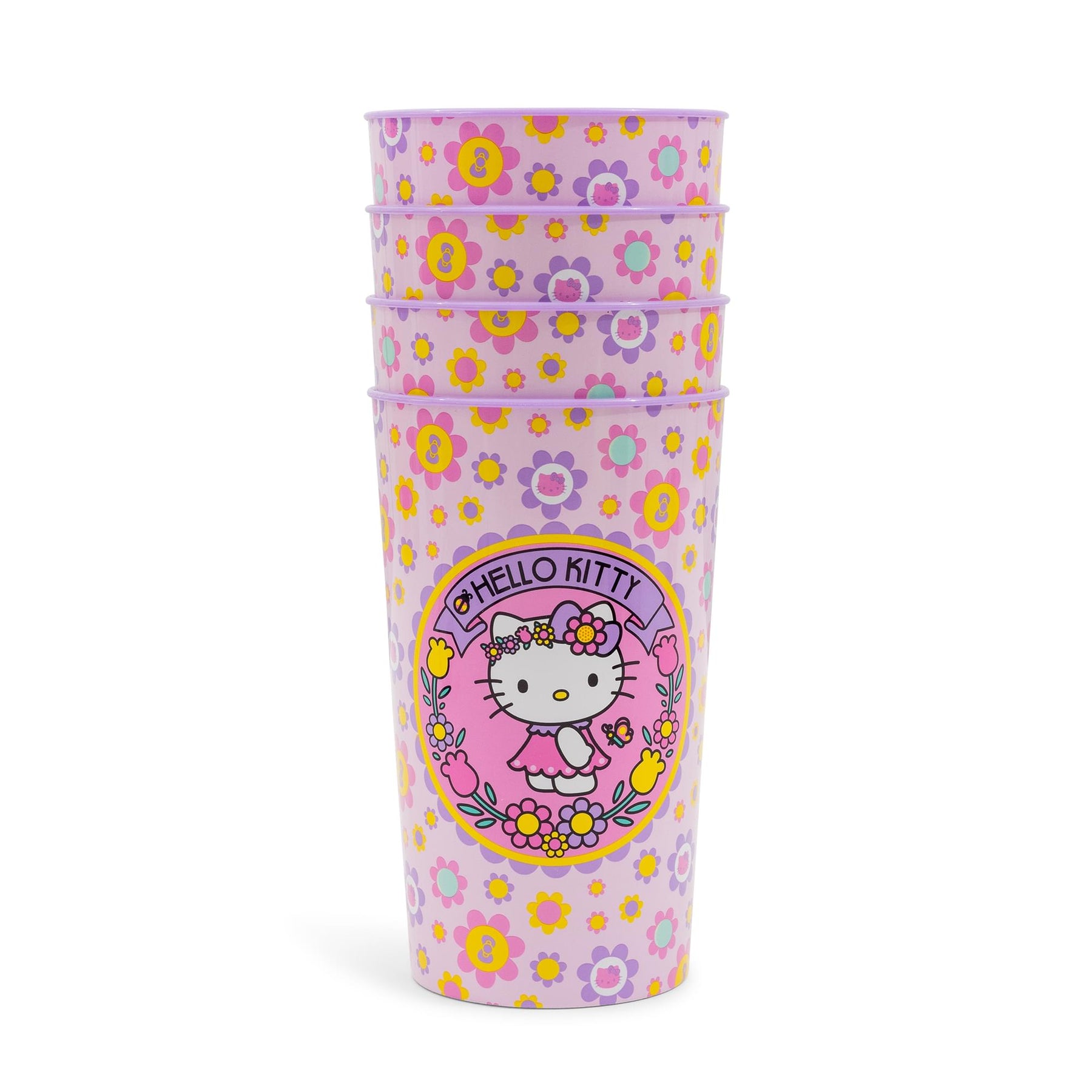 Sanrio Hello Kitty Flowers 4-Piece Plastic Cup Set | Each Holds 22 Ounces