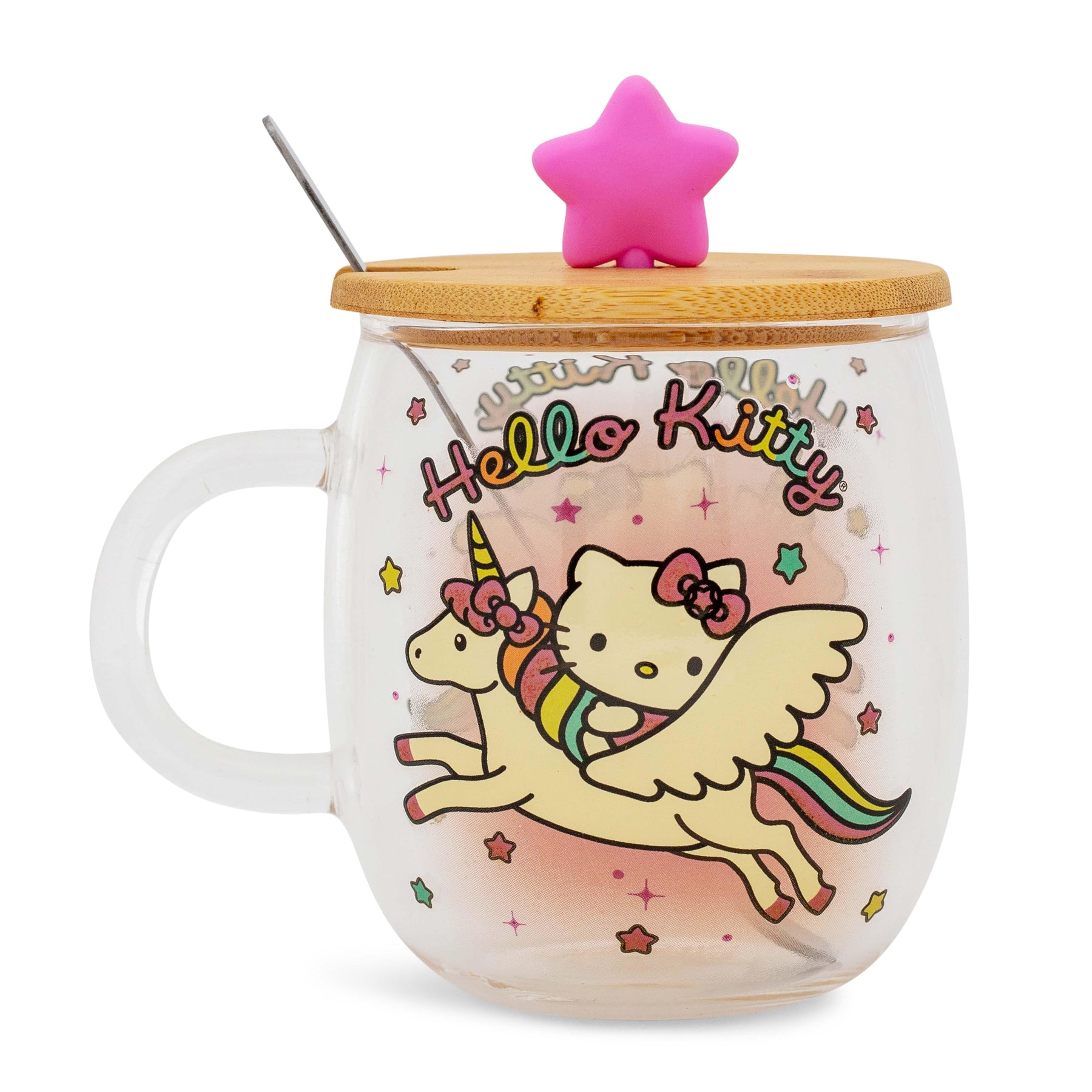 Sanrio Hello Kitty Glass Mug With Star-Topper Lid and Spoon | Holds 17 Ounces