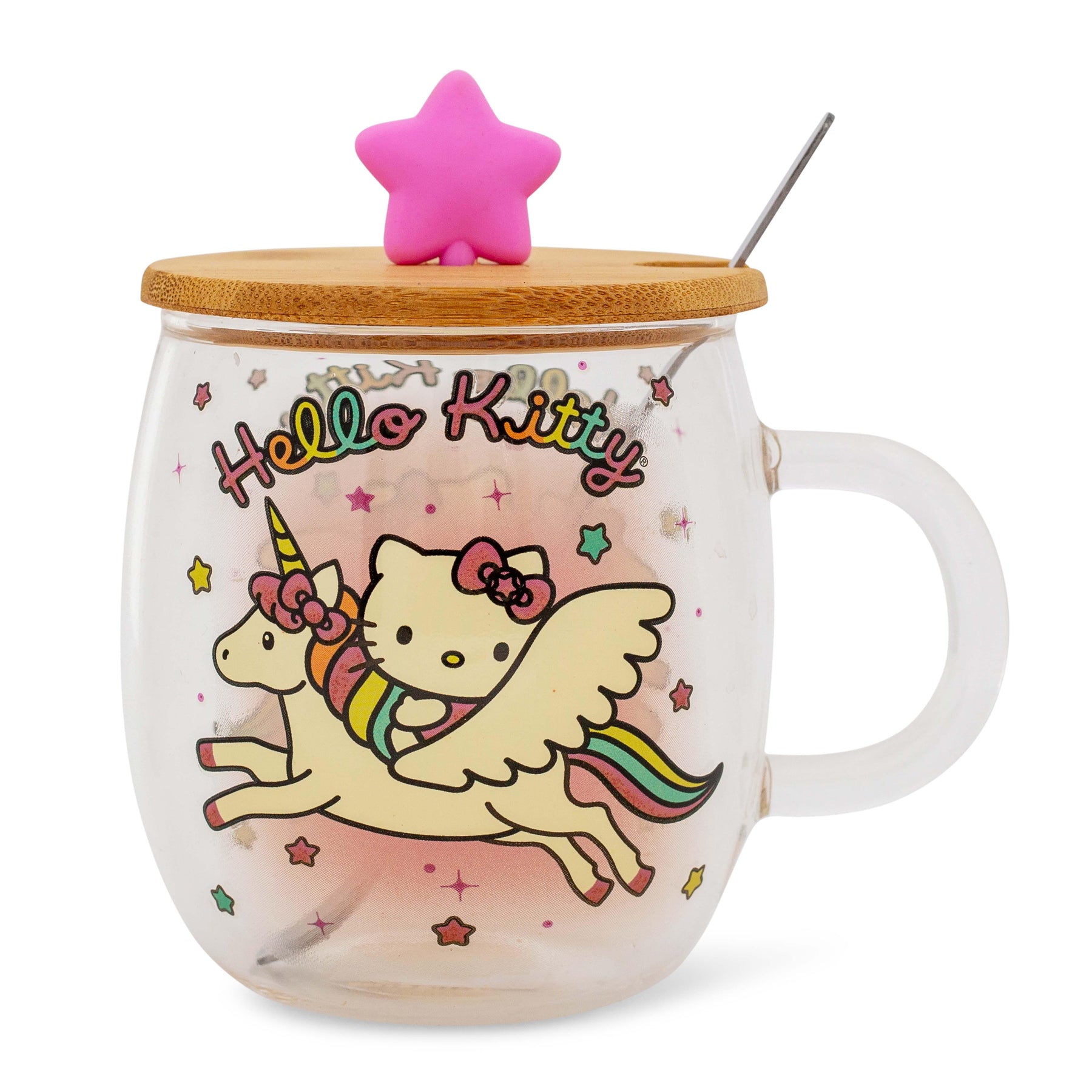 Sanrio Hello Kitty Glass Mug With Star-Topper Lid and Spoon | Holds 17 Ounces